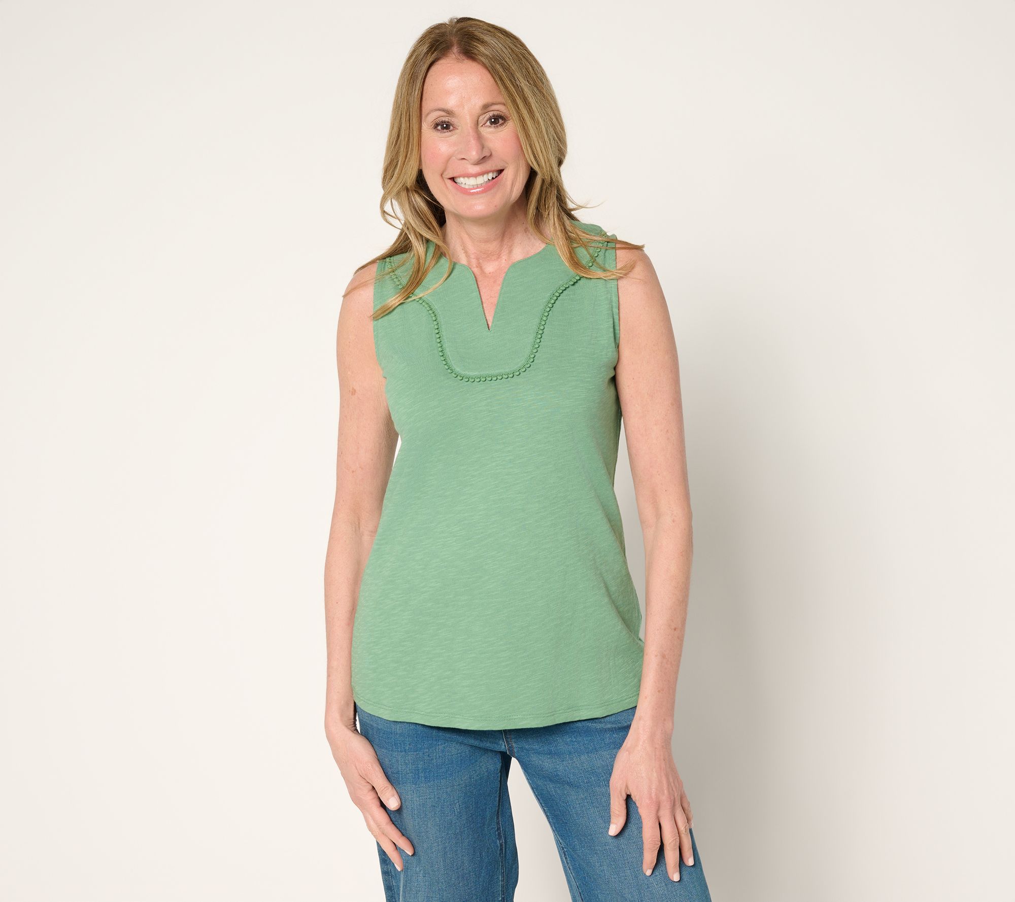 Denim & Co. Linen Blend Split Neck Tank with Picot Trim
