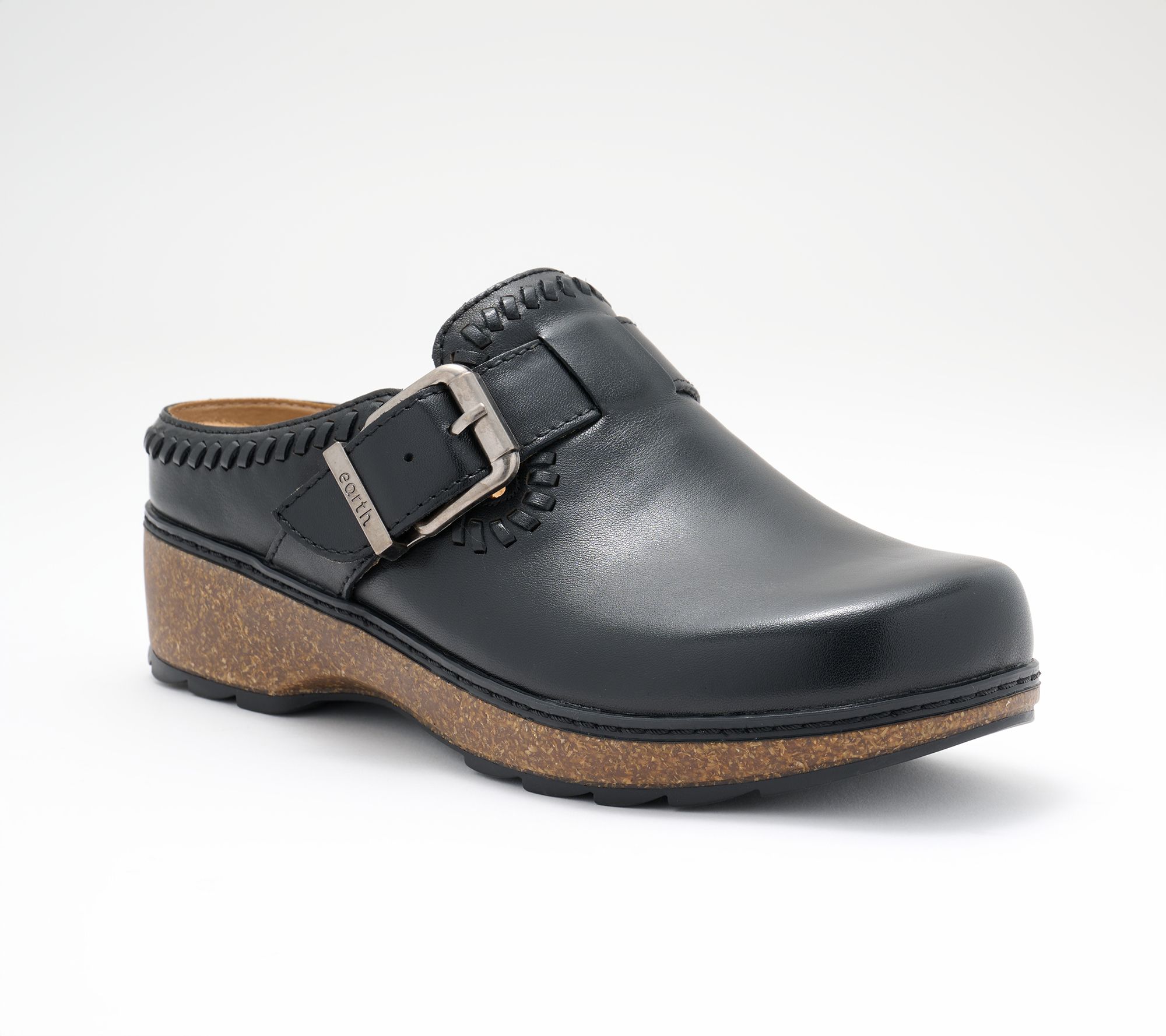 Earth Leather Clog with Buckle & Stitching Detail - Kay