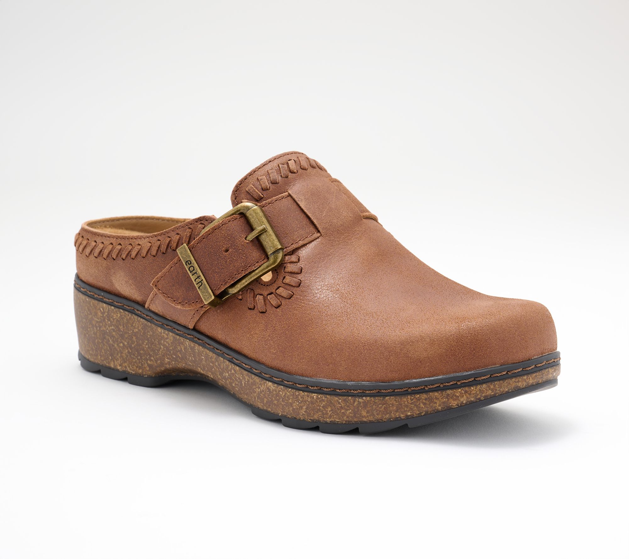 Earth Leather Clog with Buckle & Stitching Detail - Kay