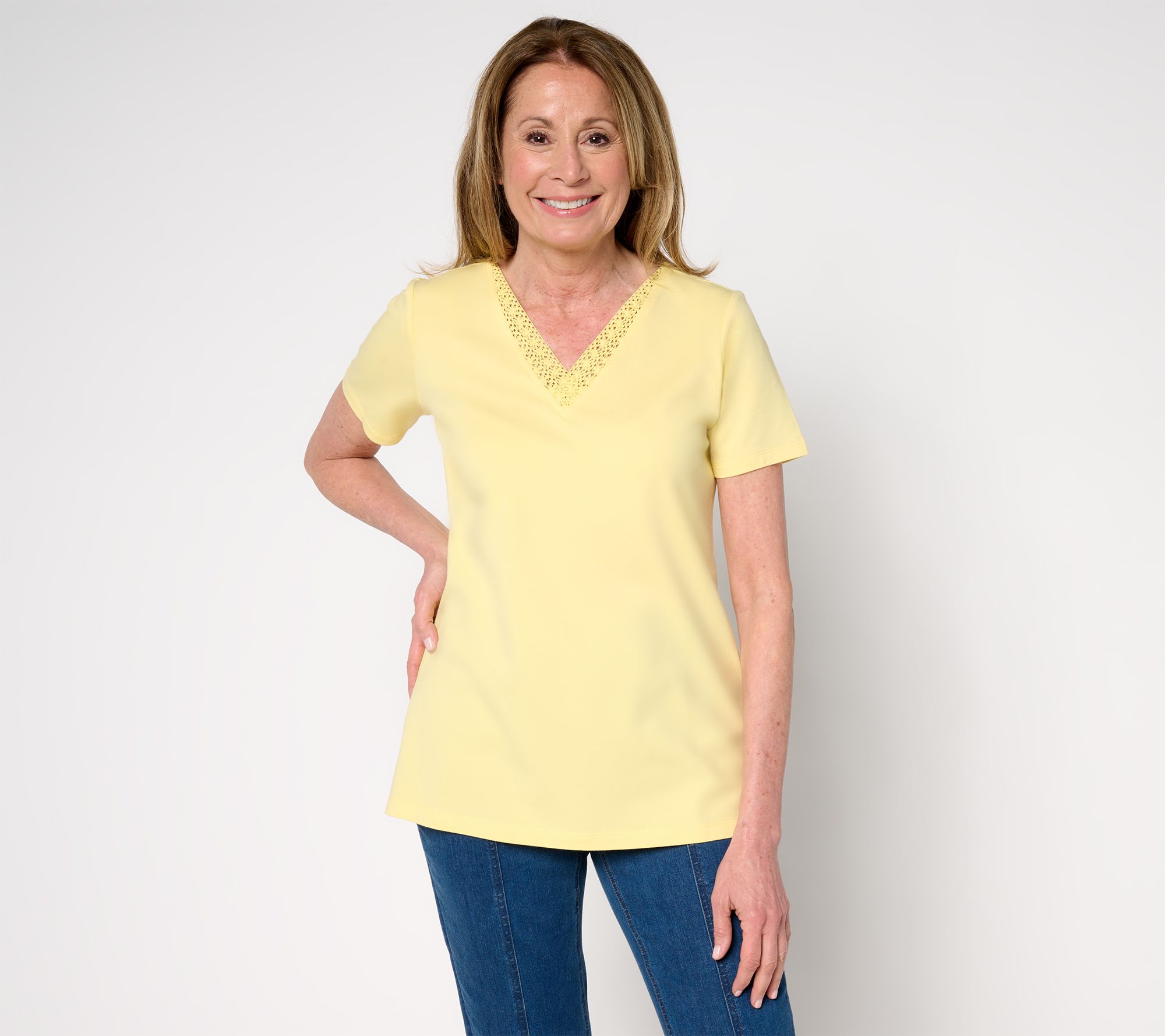 "As Is" Belle by Kim Gravel Primabelle Knit Crochet Trim V-Neck Top