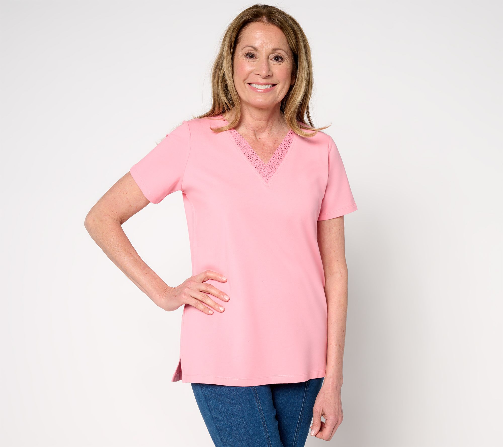 "As Is" Belle by Kim Gravel Primabelle Knit Crochet Trim V-Neck Top