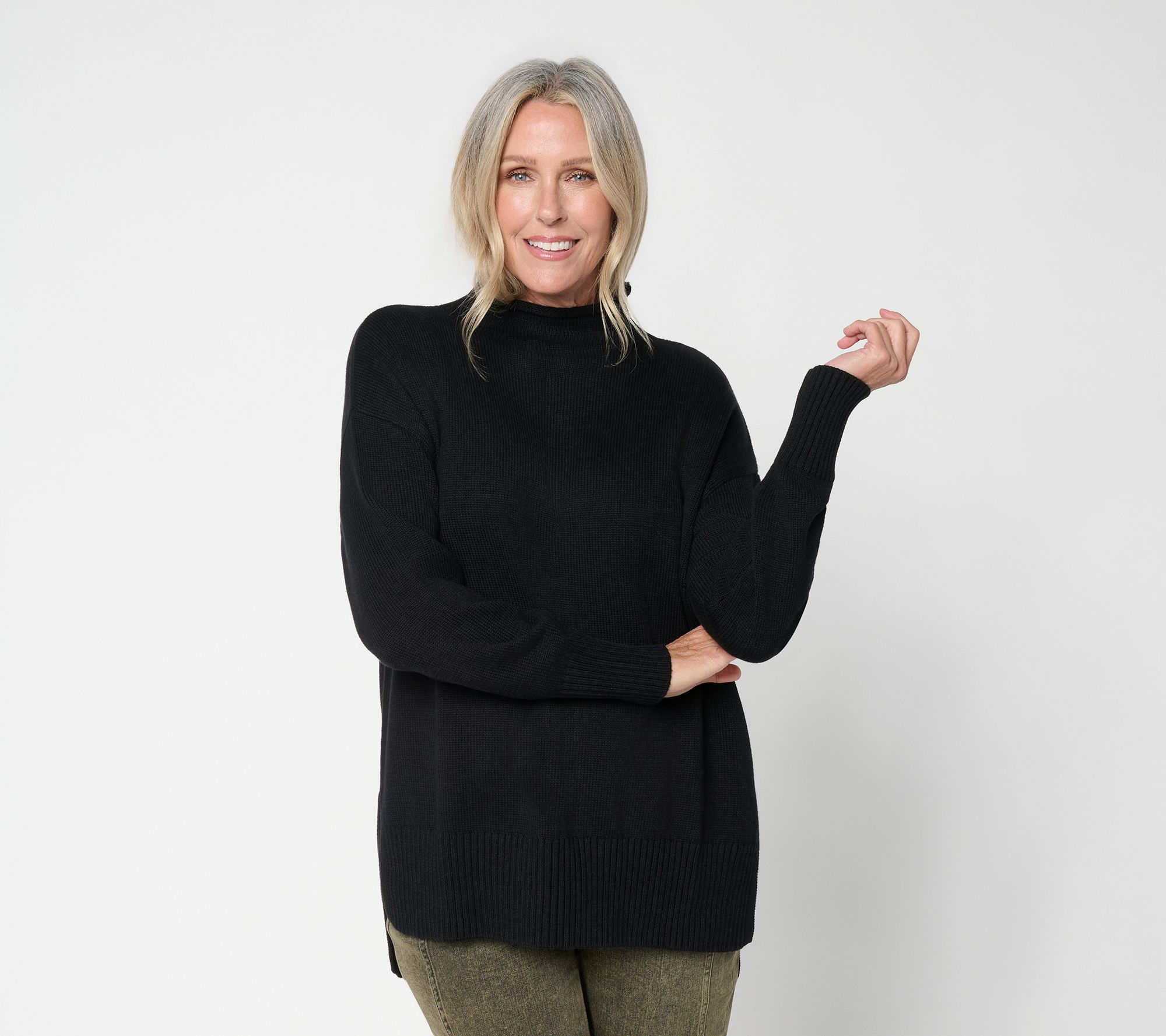 LOGO by Lori Goldstein 100% Cotton Funnel Neck Hi-Low Sweater