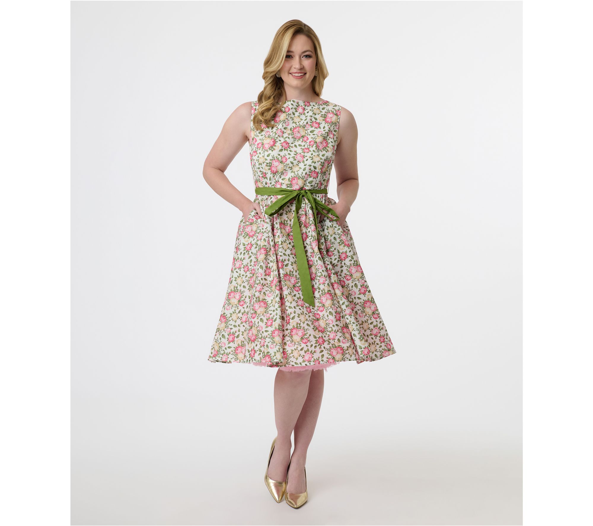Unique Vintage 1950s Pink & Green Floral CottonSwing Dress