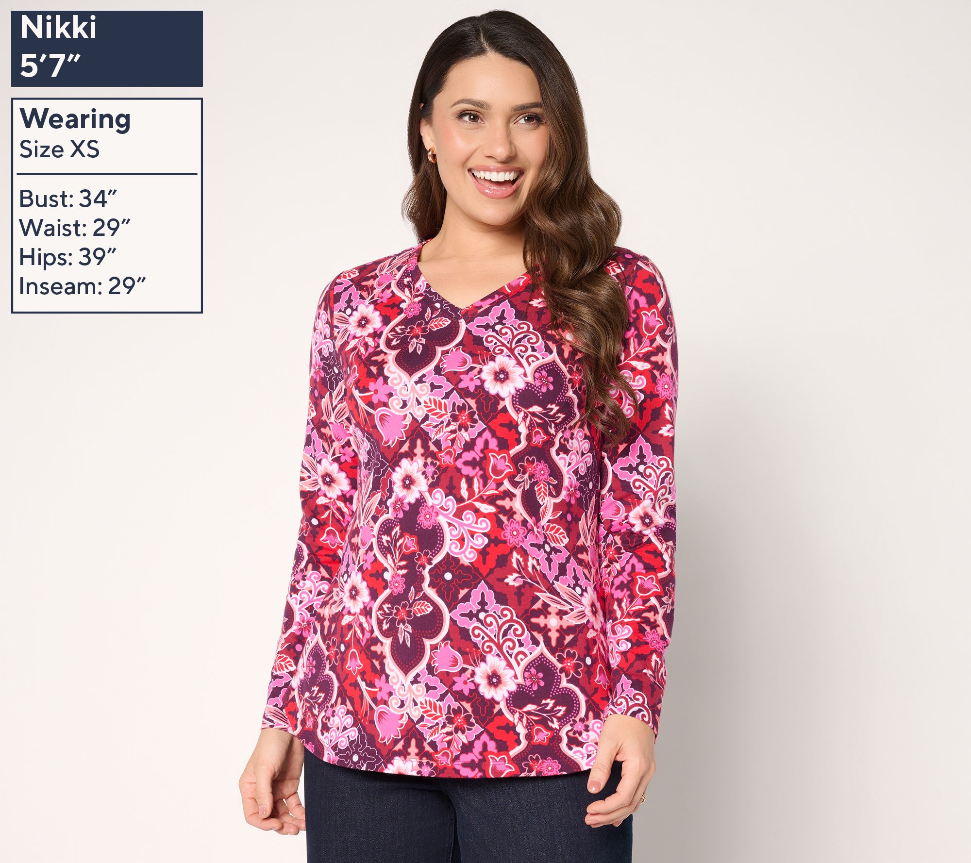 Denim & Co. Printed Perfect Jersey V-Neck Top with Curved Hem