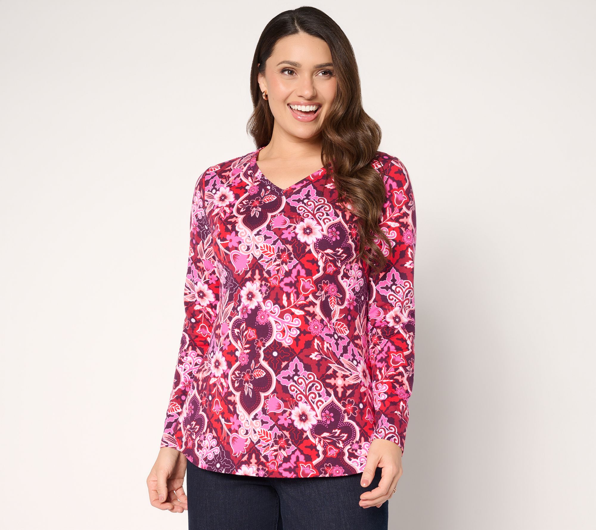 Denim & Co. Printed Perfect Jersey V-Neck Top with Curved Hem