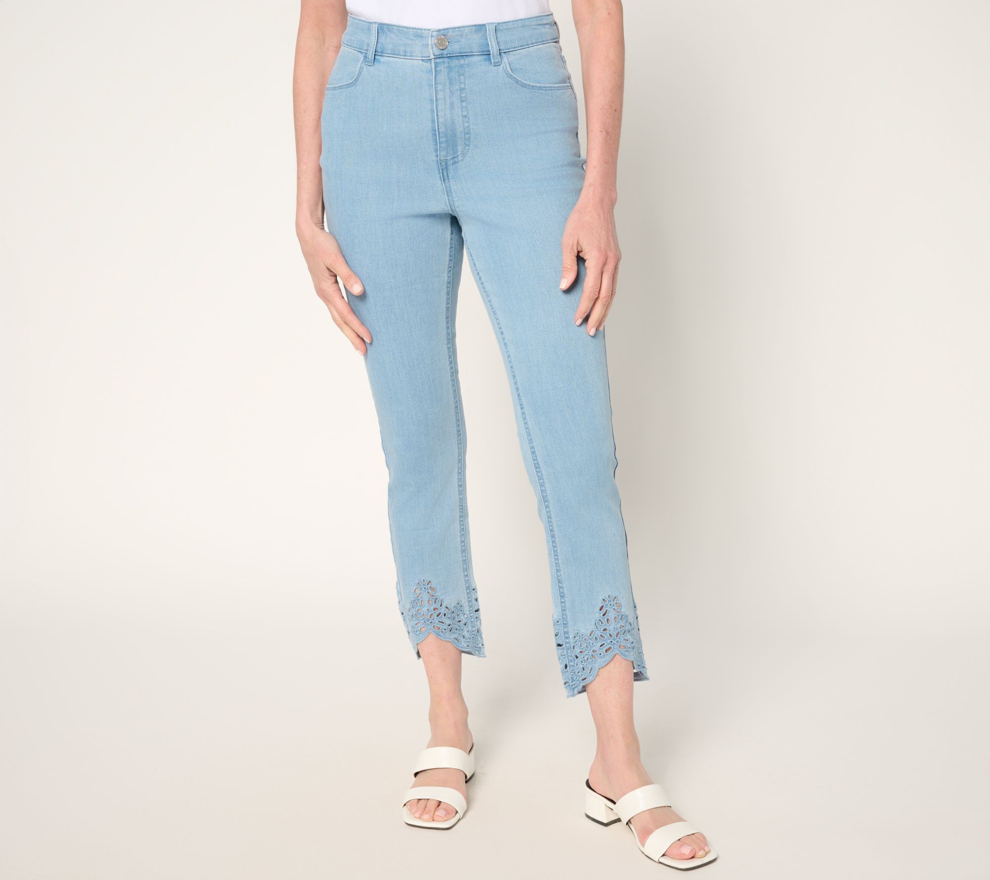 "As Is" Susan Graver Petite Slim Leg Ankle Jean with Embroidered Hem