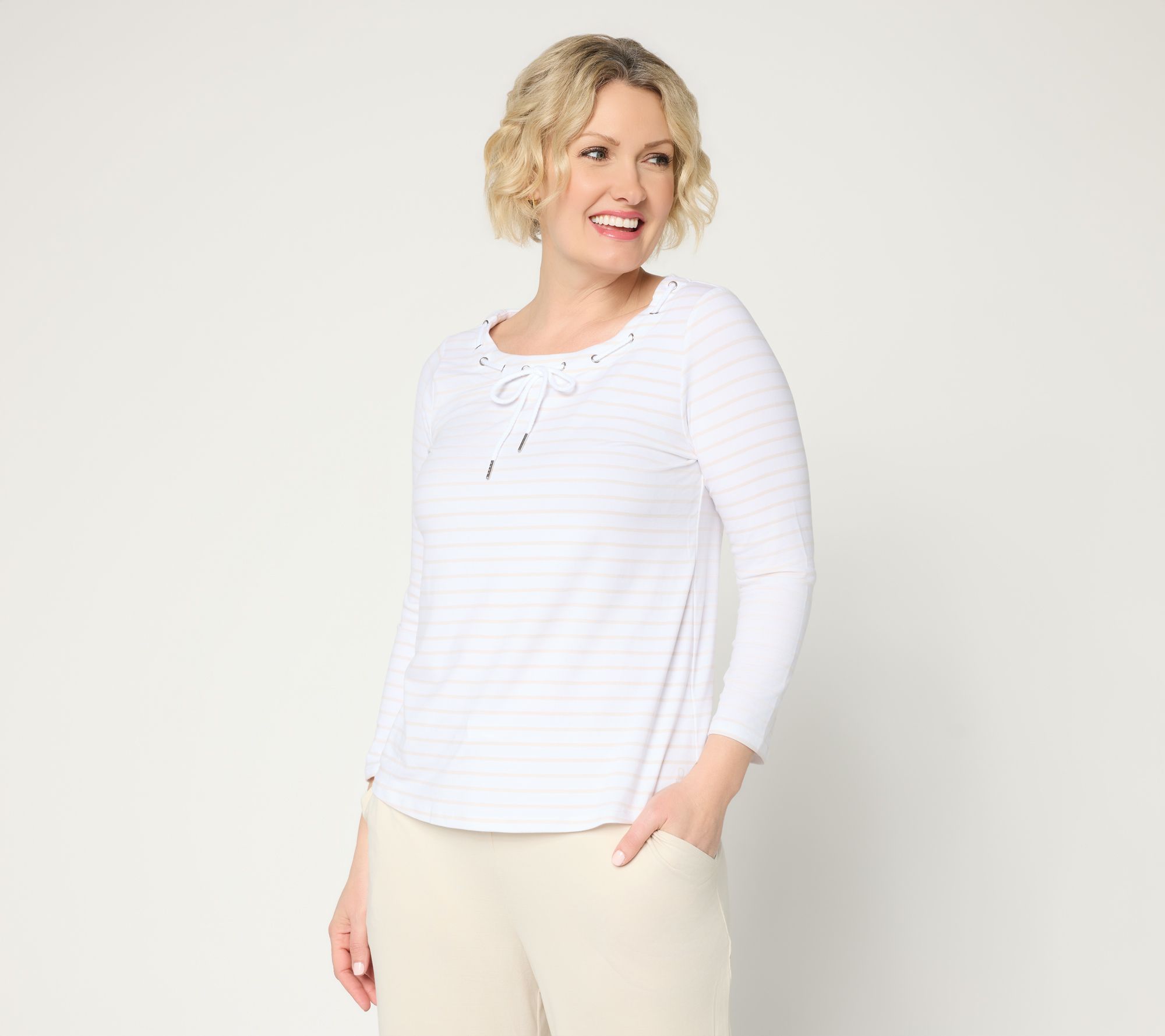 Cuddl Duds Flexwear 3/4 Sleeve Tee with Drawcord Detail