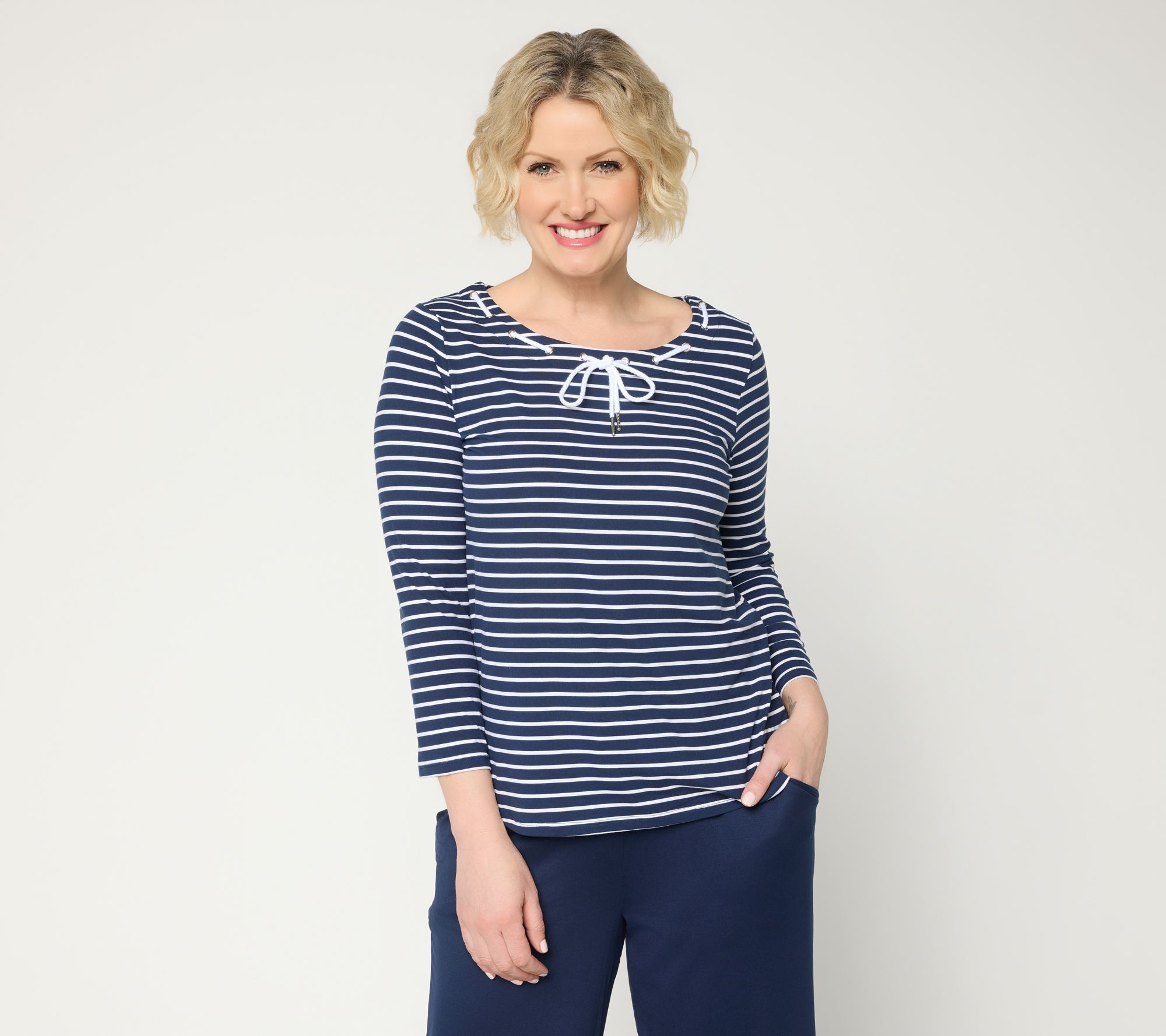 Cuddl Duds Flexwear 3/4 Sleeve Tee with Drawcord Detail