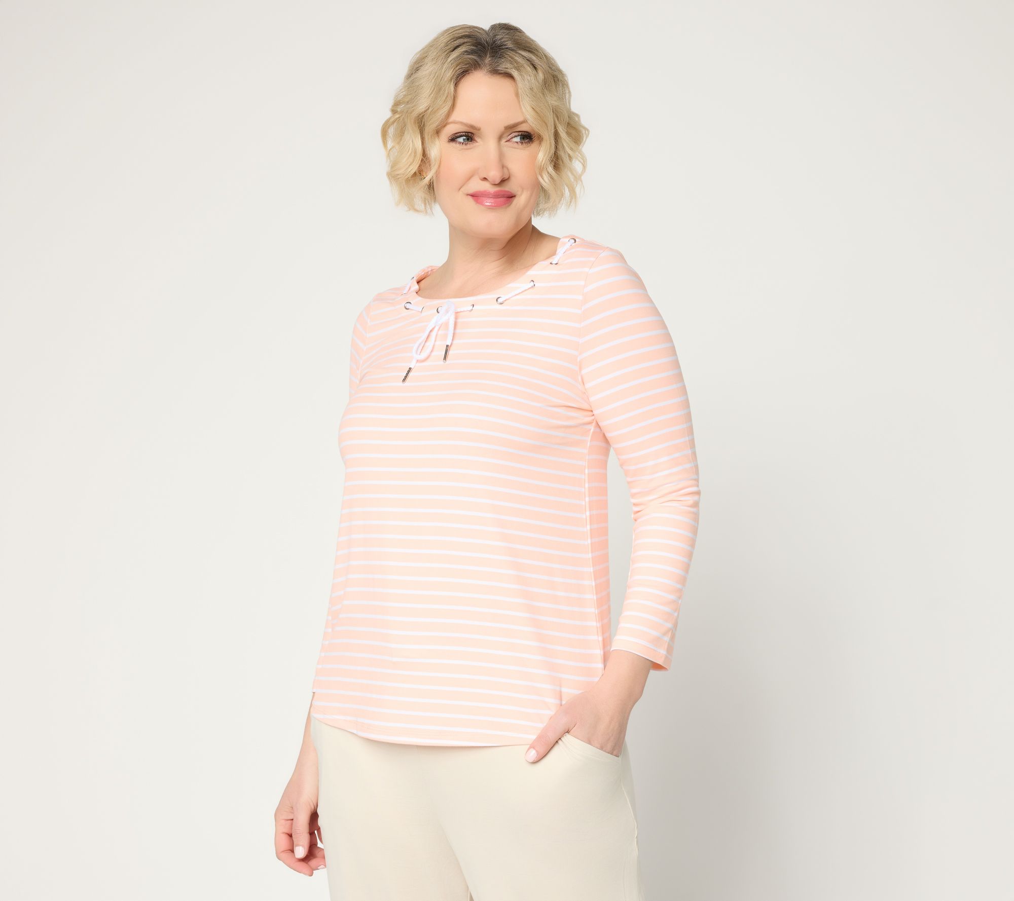 Cuddl Duds Flexwear 3/4 Sleeve Tee with Drawcord Detail