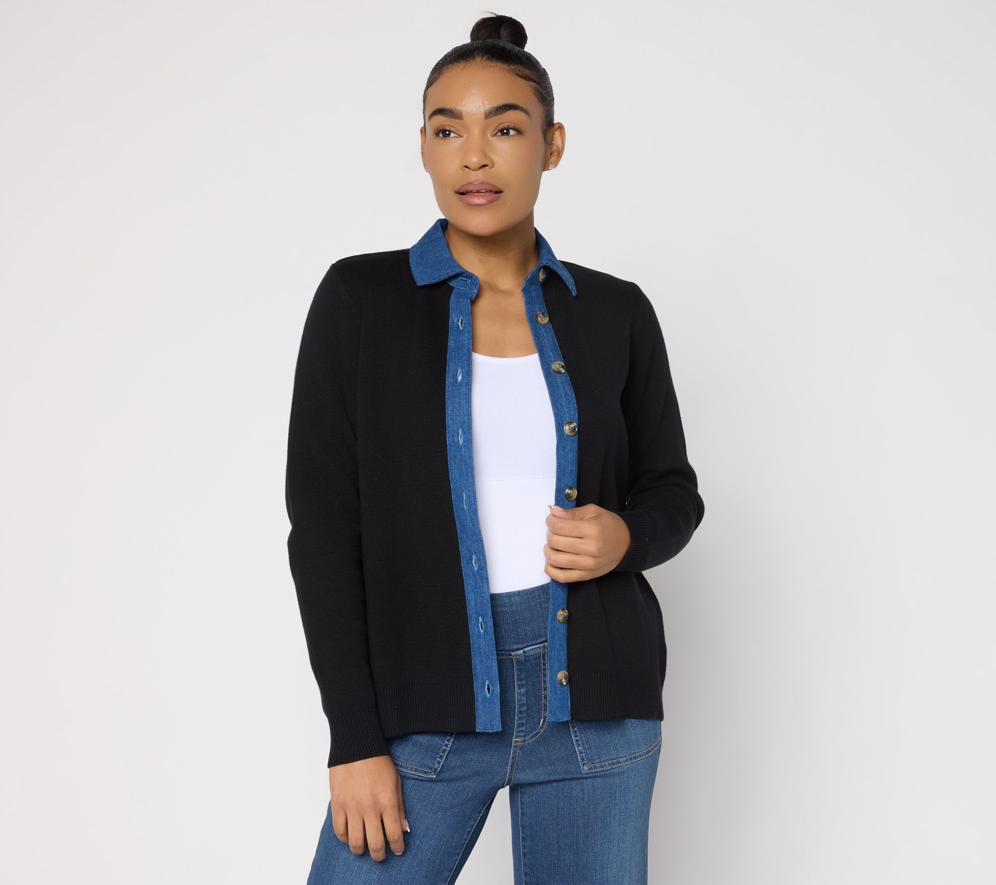 Joan Rivers Sweater Cardigan with Collared Denim Inset
