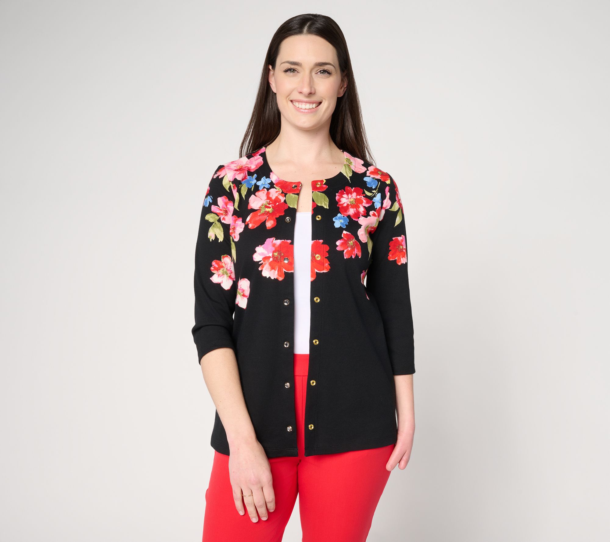 Quacker Factory Floret Printed 3/4 Sleeve Cardigan
