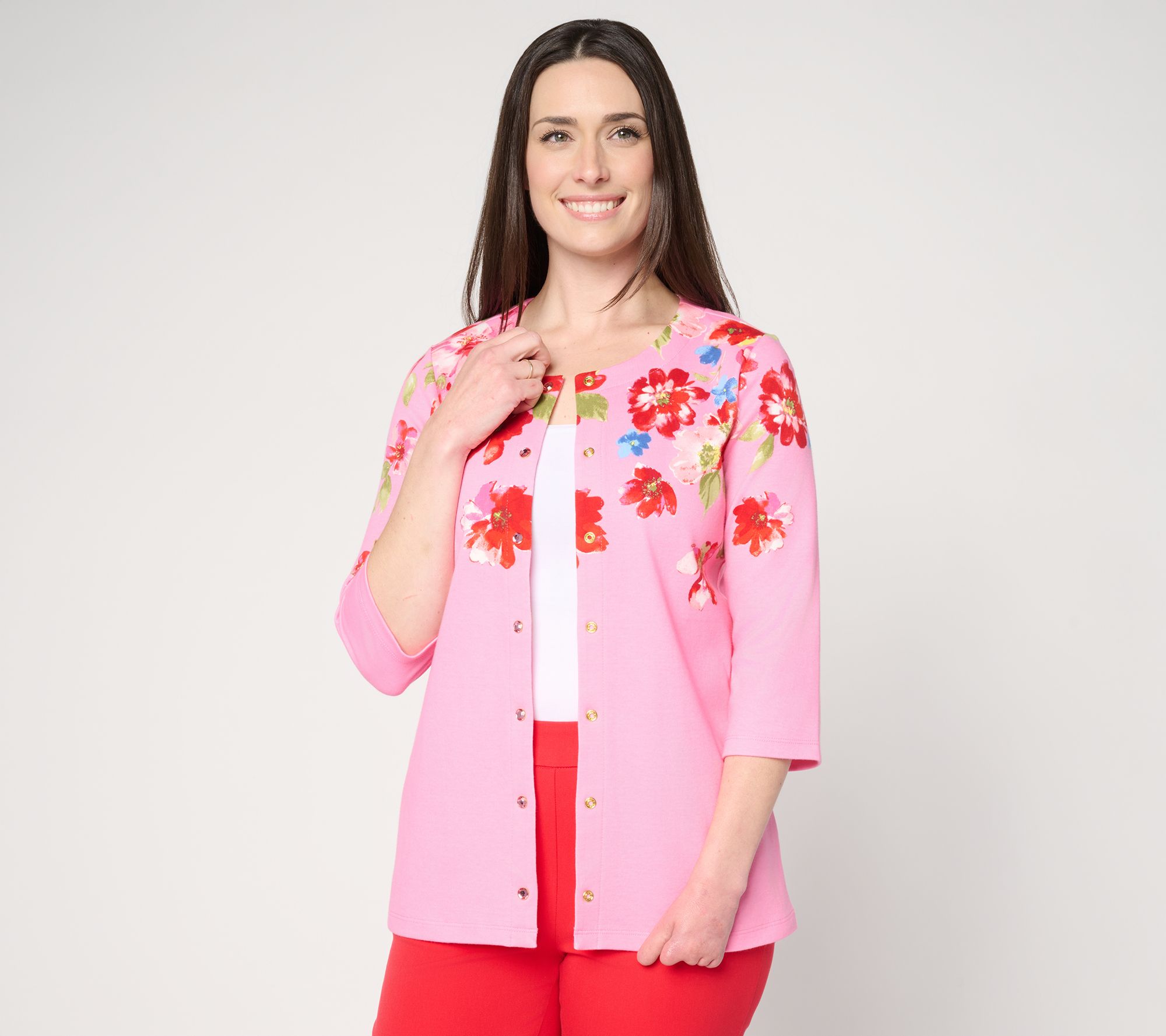 Quacker Factory Floret Printed 3/4 Sleeve Cardigan