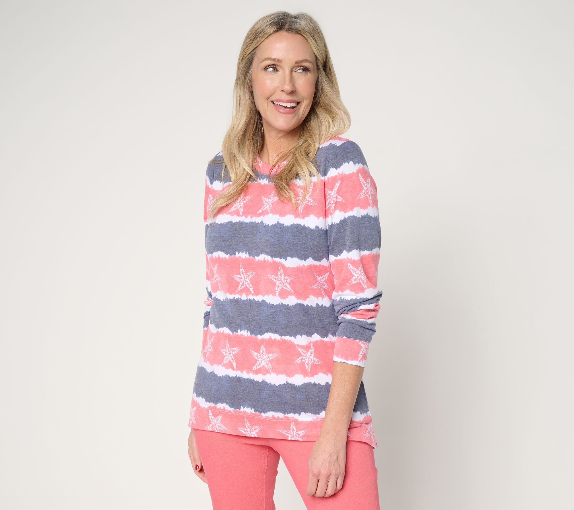 Denim & Co. Petite Watercolor Striped Tunic w/ Beach Motif