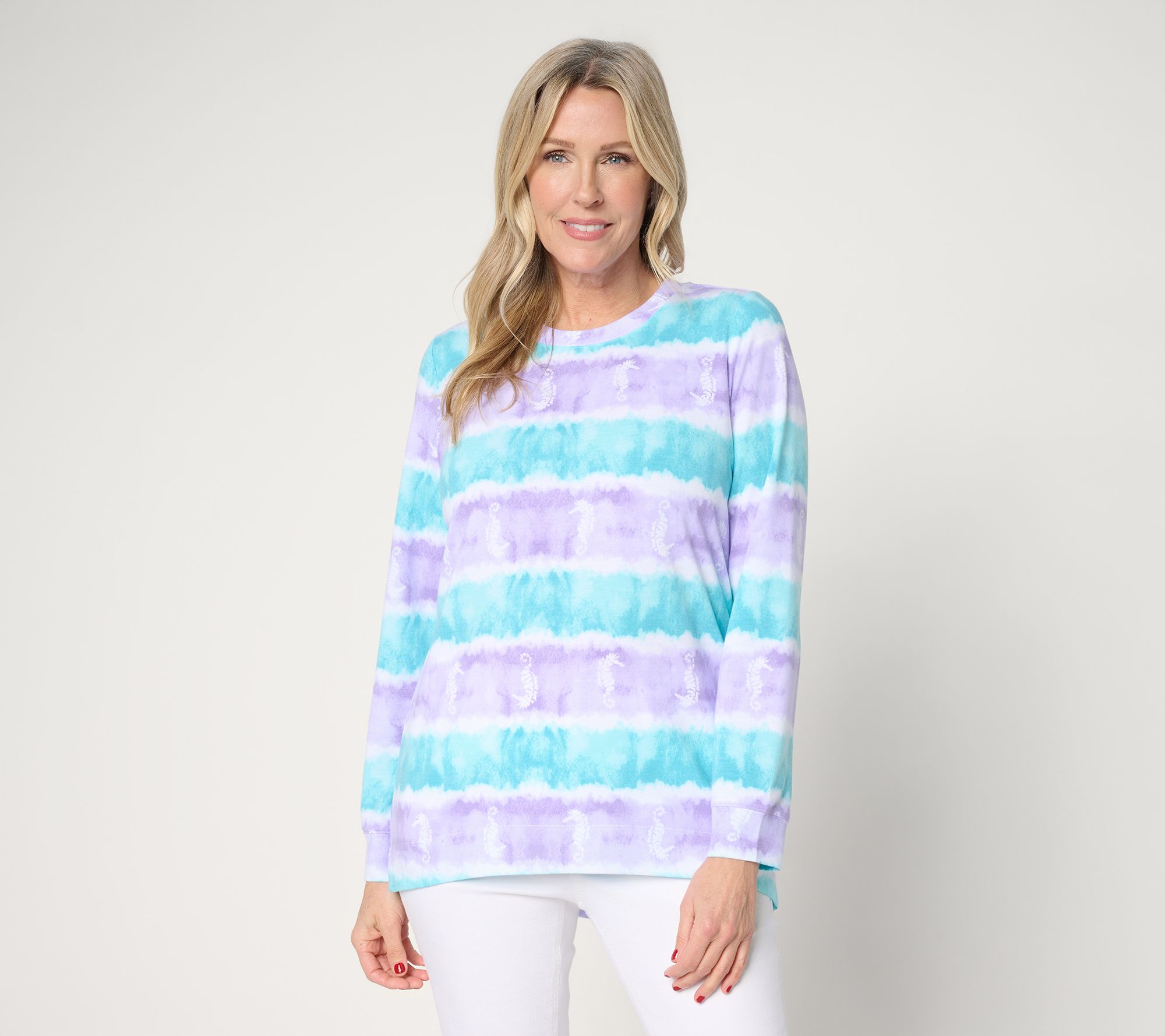 Denim & Co. Petite Watercolor Striped Tunic w/ Beach Motif