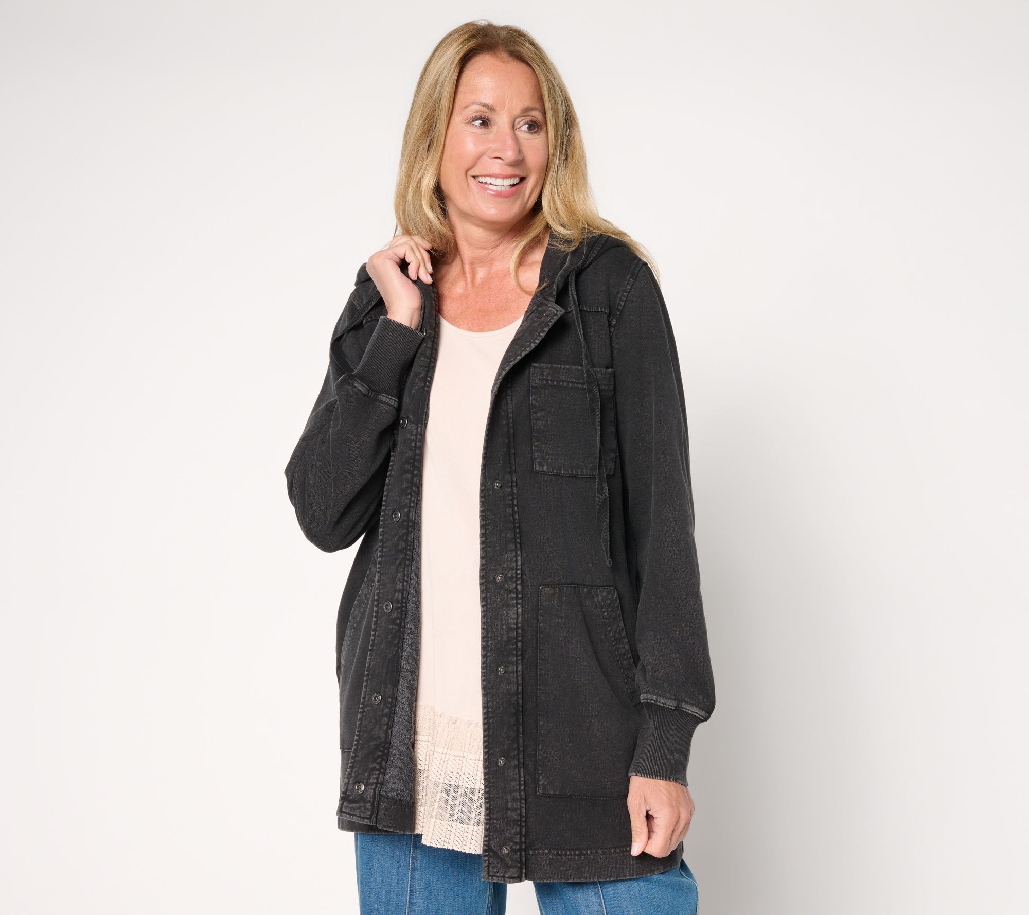 "As Is" LOGO by Lori Goldstein Petite Long Snap Front Hoodie