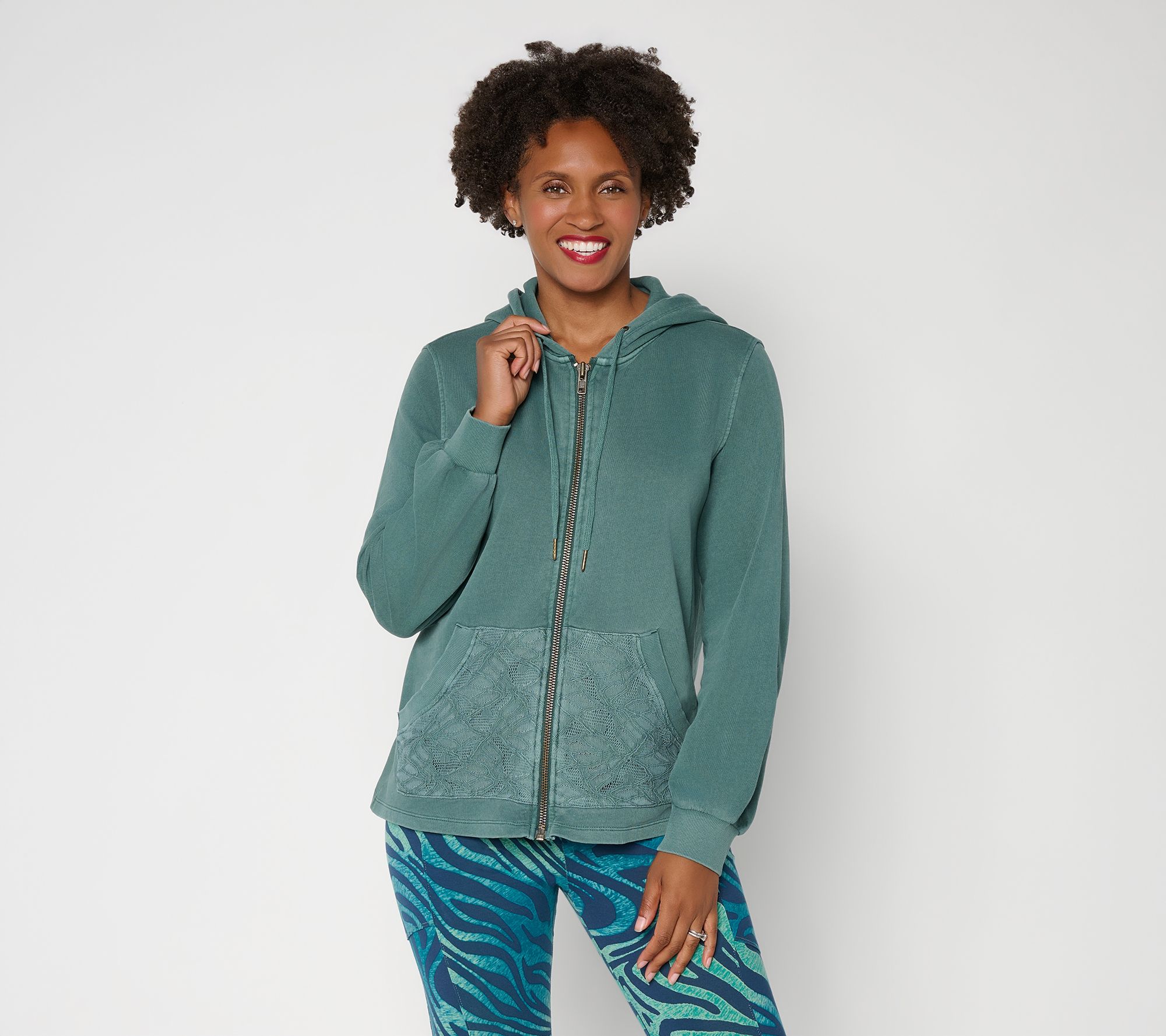 LOGO Lounge by Lori Goldstein Zip Front Hoodie with Lace Pockets
