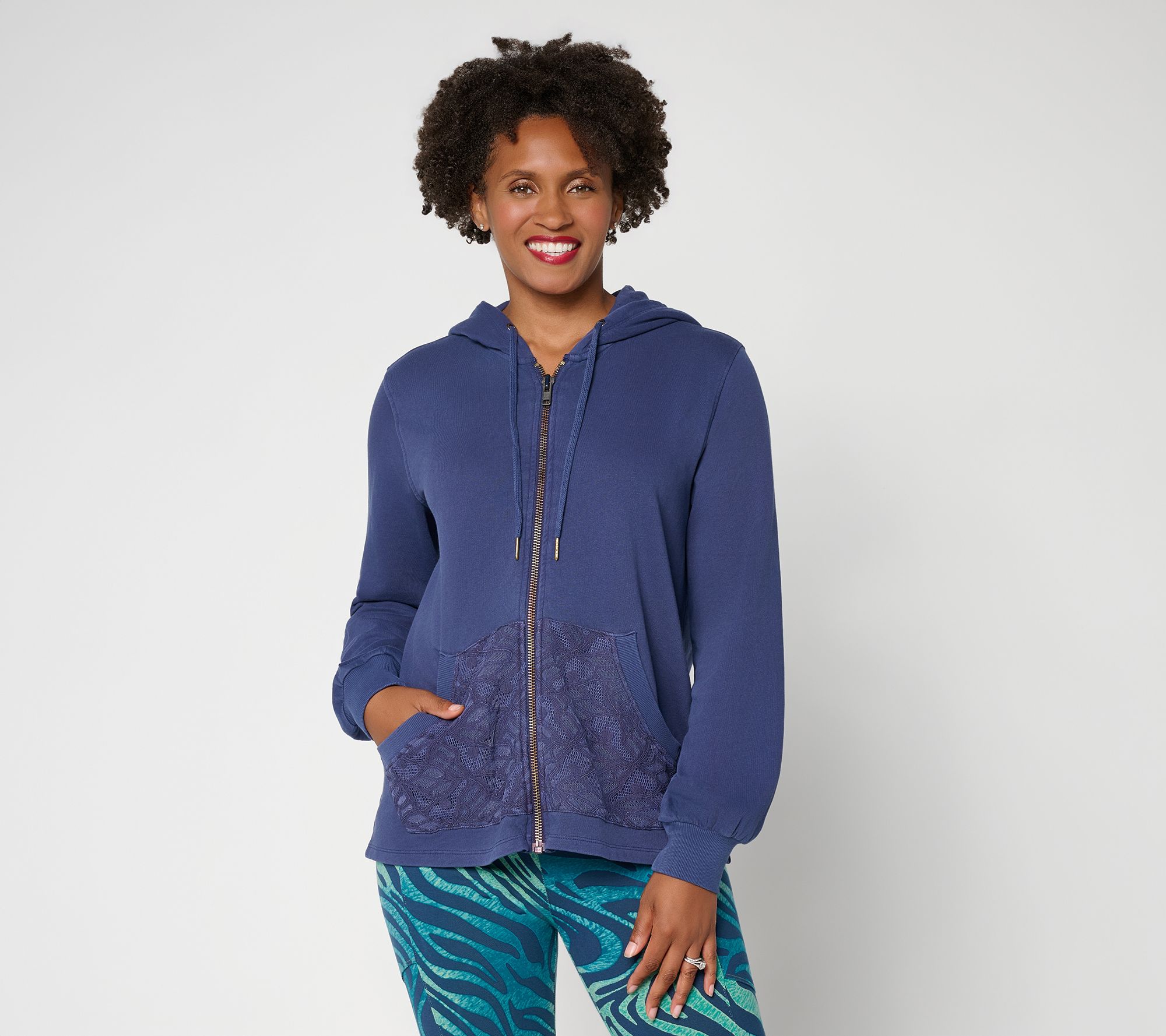 LOGO Lounge by Lori Goldstein Zip Front Hoodie with Lace Pockets