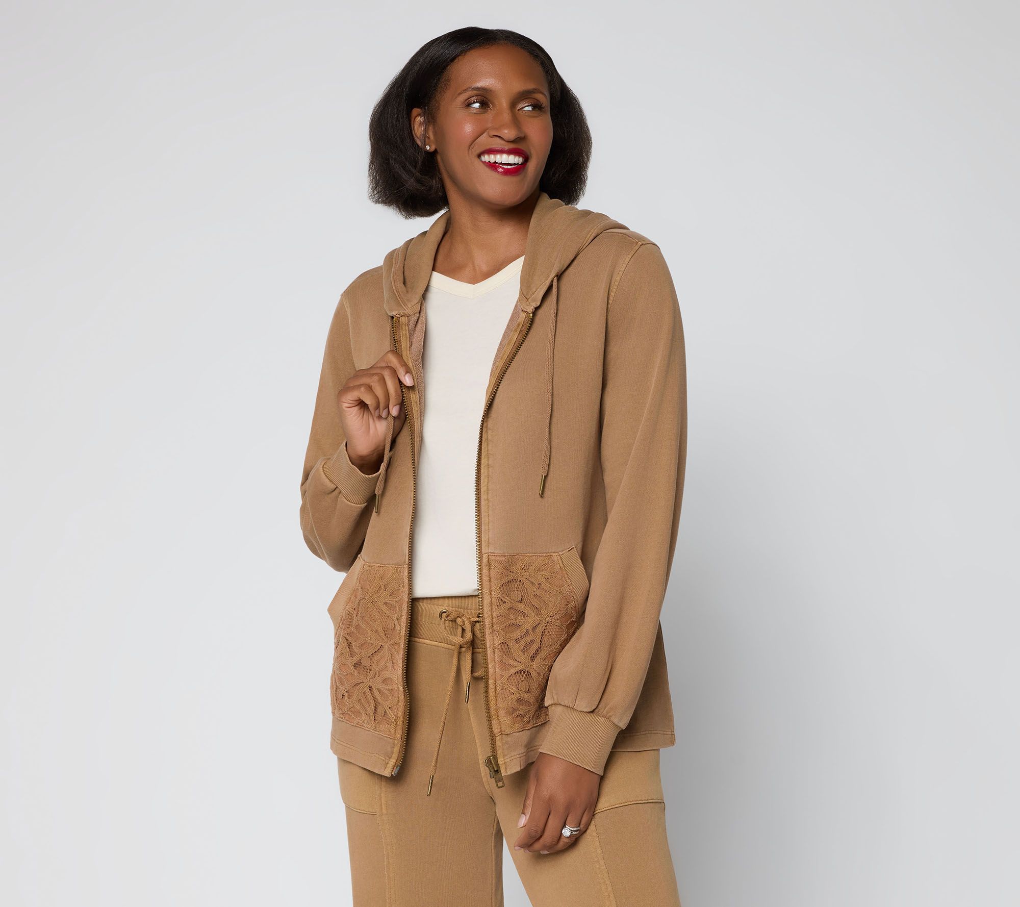 LOGO Lounge by Lori Goldstein Zip Front Hoodie with Lace Pockets