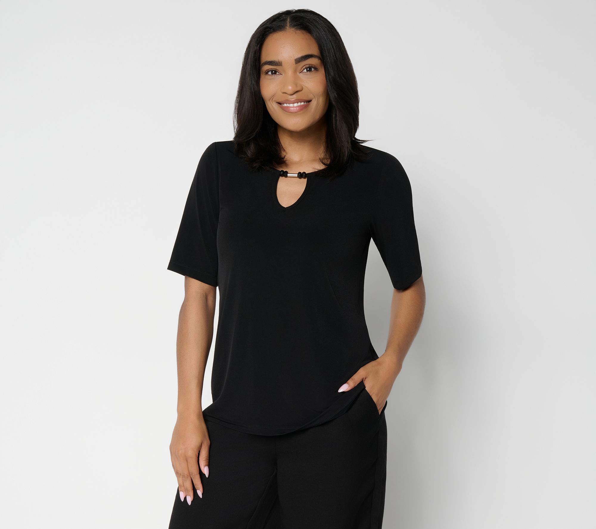 Susan Graver Liquid Knit Elbow-Sleeve Beaded Keyhole Top