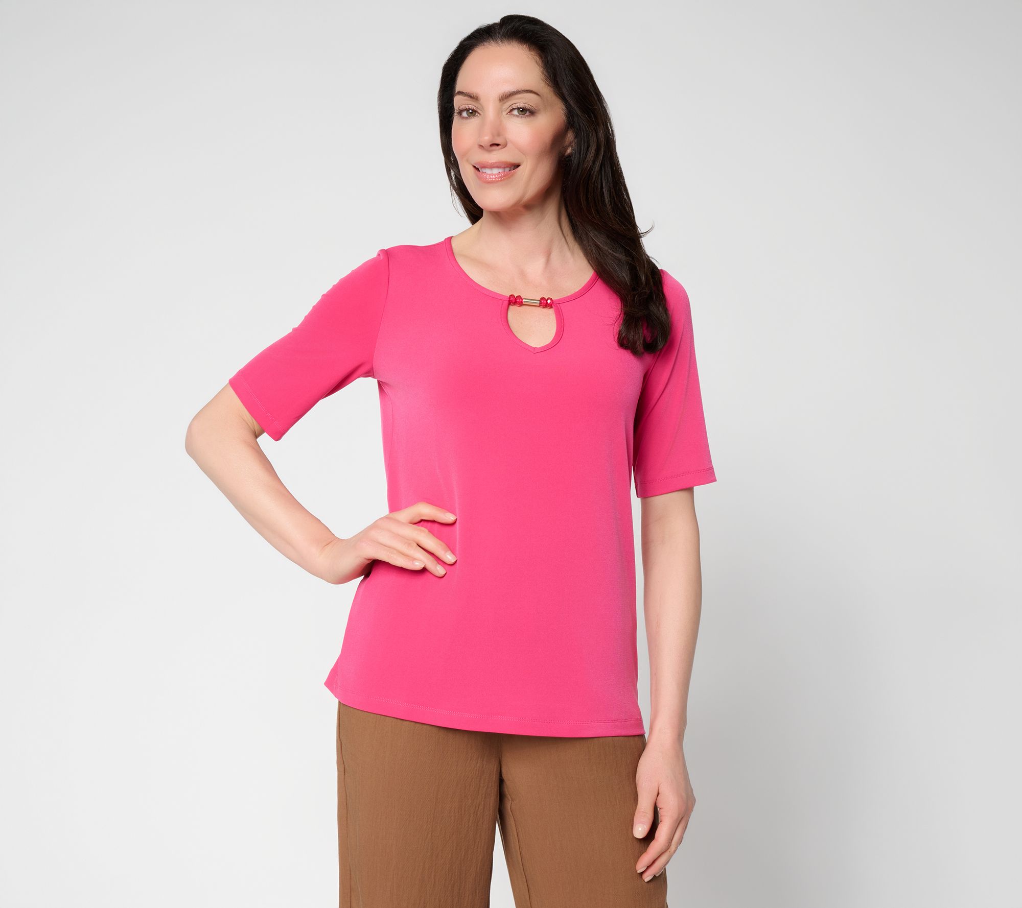 Susan Graver Liquid Knit Elbow-Sleeve Beaded Keyhole Top