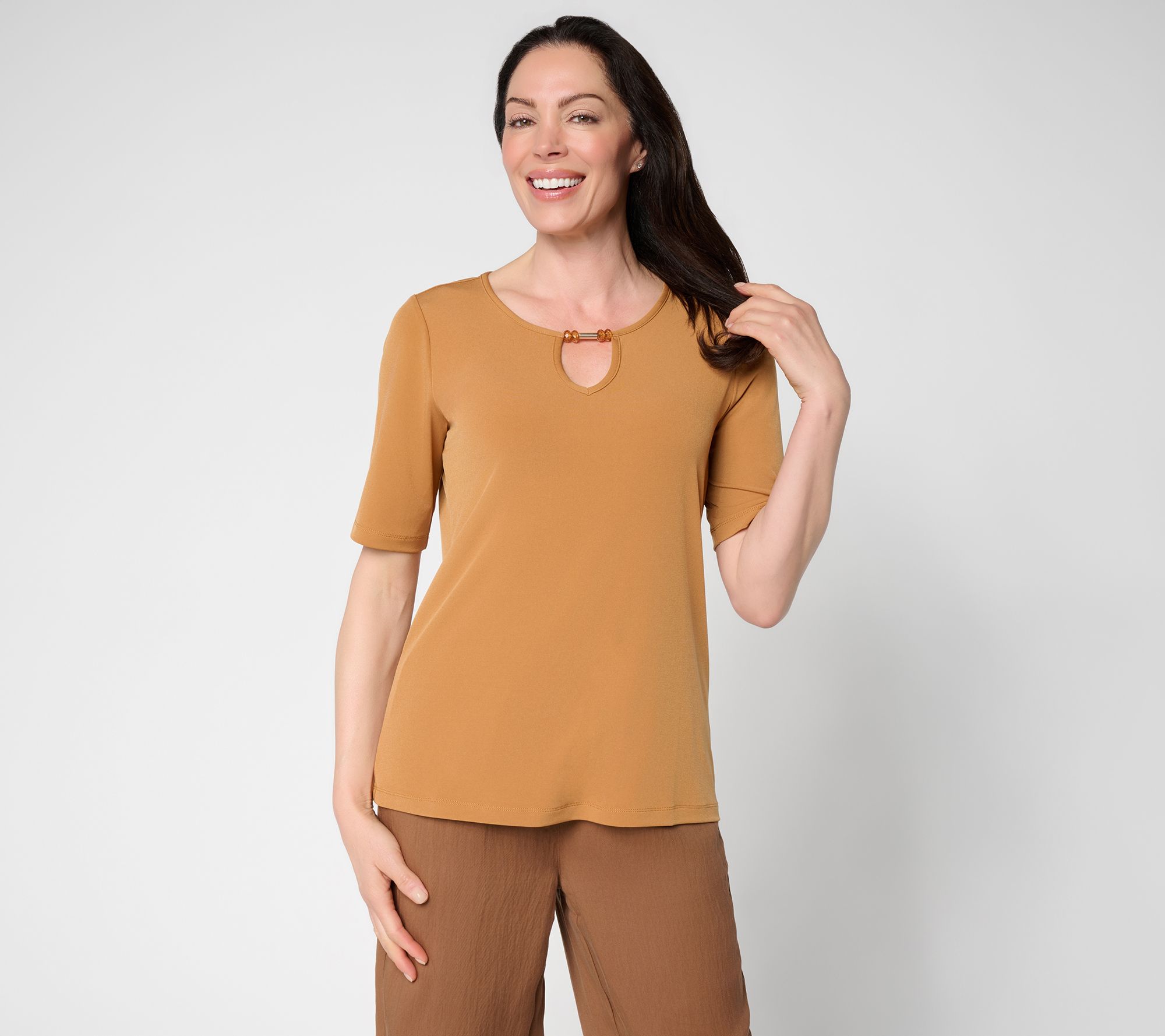 Susan Graver Liquid Knit Elbow-Sleeve Beaded Keyhole Top