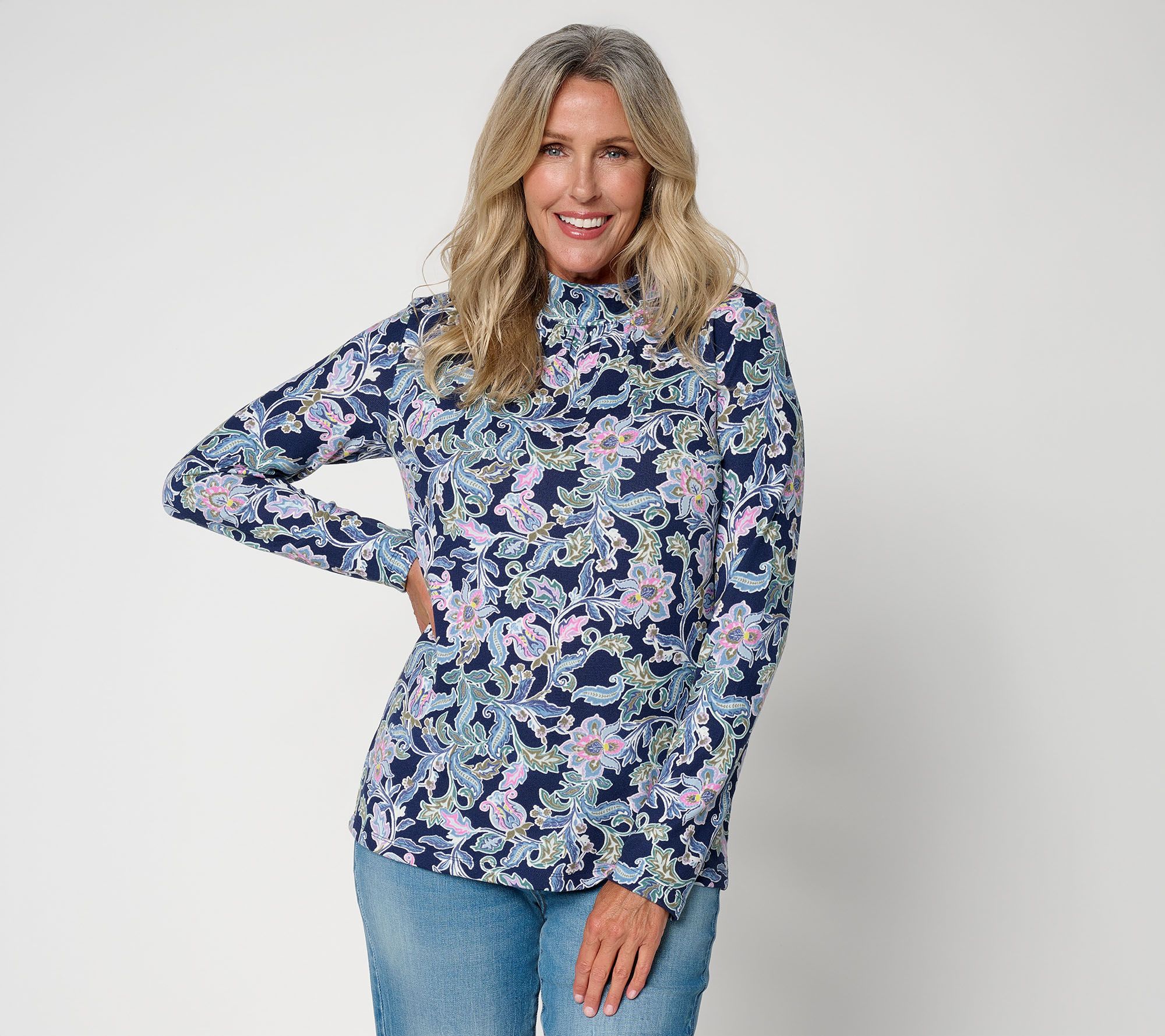 Denim & Co. Printed Heavenly Jersey Mock Neck Long Sleeve Top