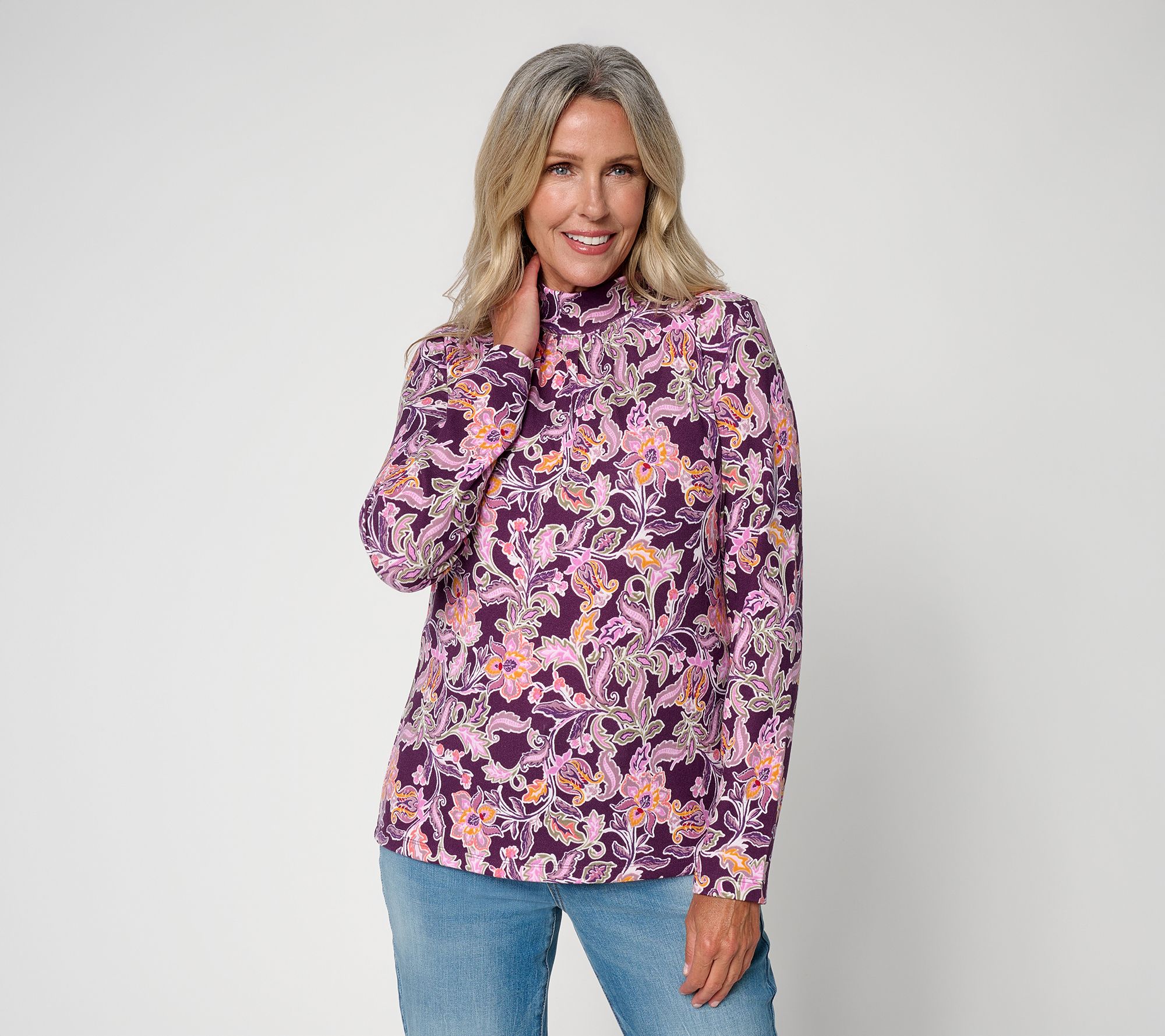 Denim & Co. Printed Heavenly Jersey Mock Neck Long Sleeve Top