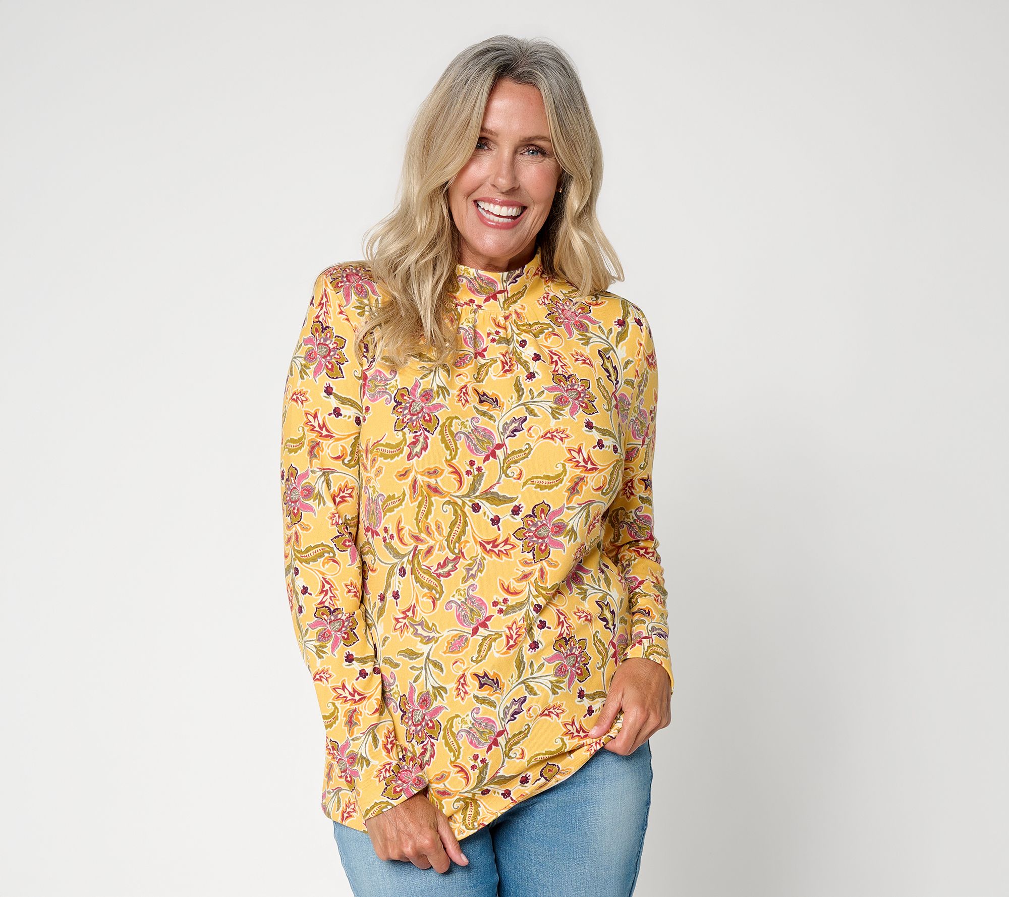 Denim & Co. Printed Heavenly Jersey Mock Neck Long Sleeve Top