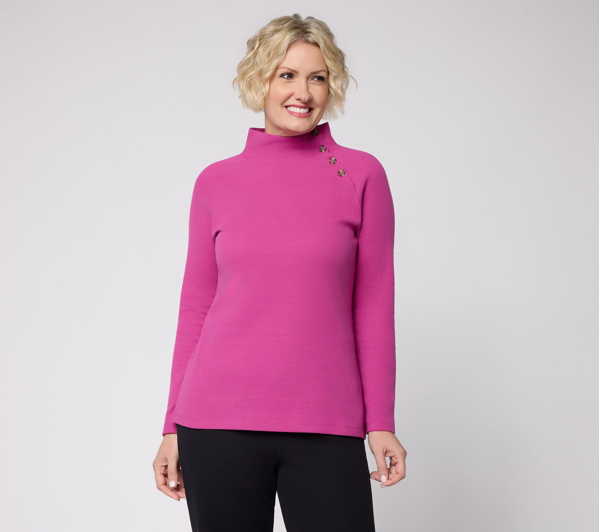  Denim & Co. Waffle Knit Mock Neck Top with Button Detail