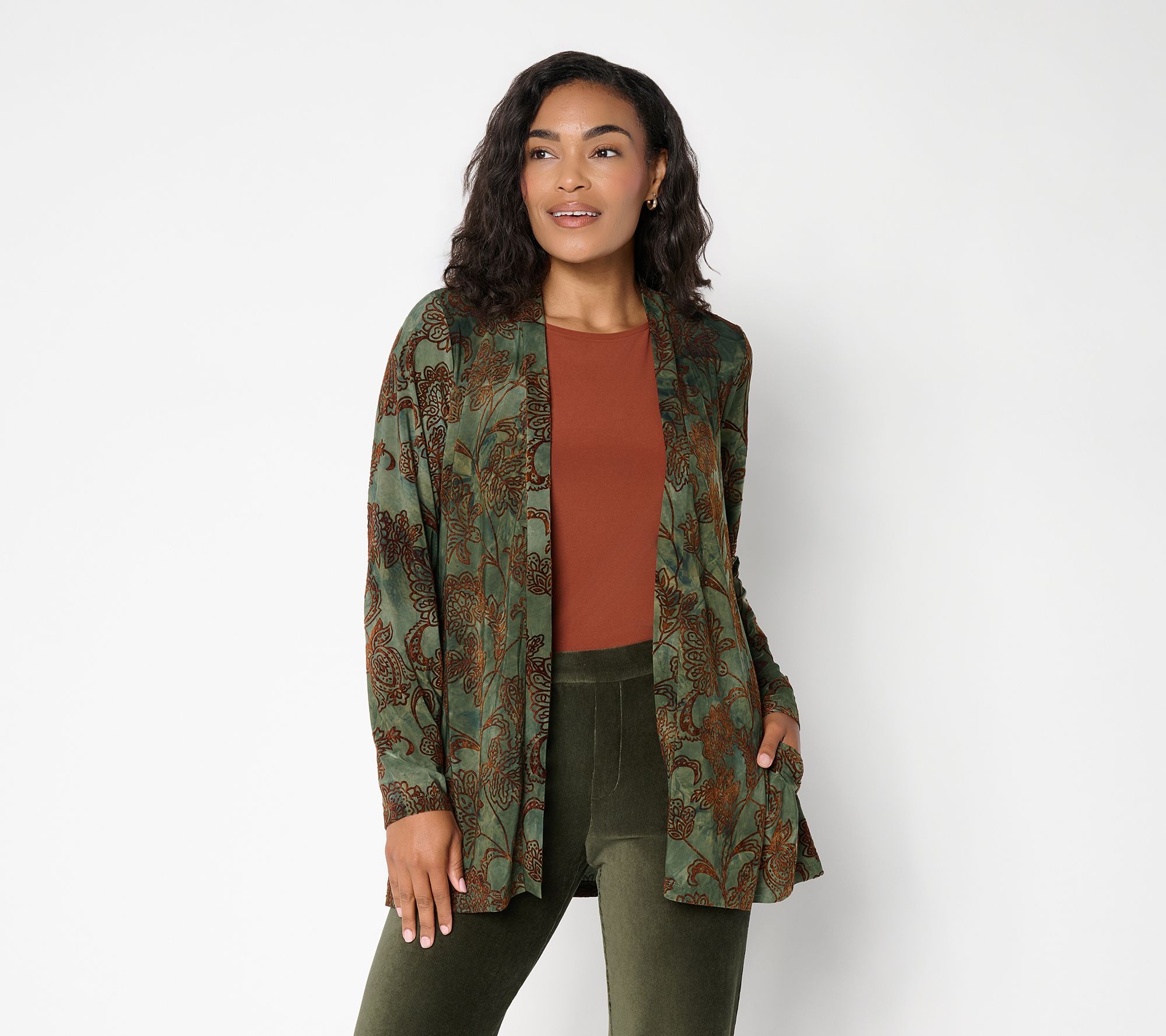 バヨネット スキャバード Susan Graver Petite Velvet Tie Dye Burnout Cardigan | QVC