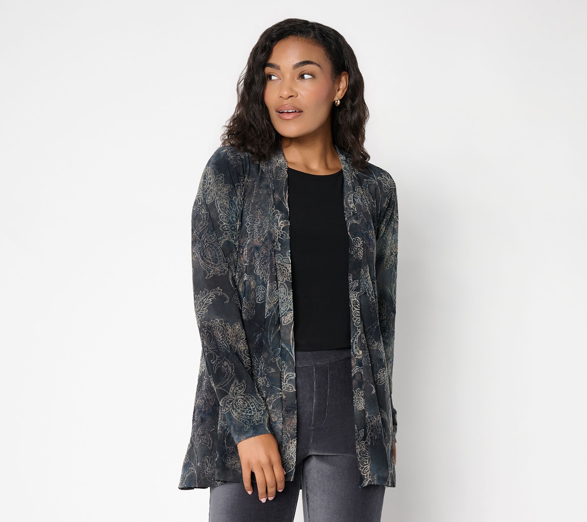 Susan Graver Petite Velvet Tie Dye Burnout Cardigan