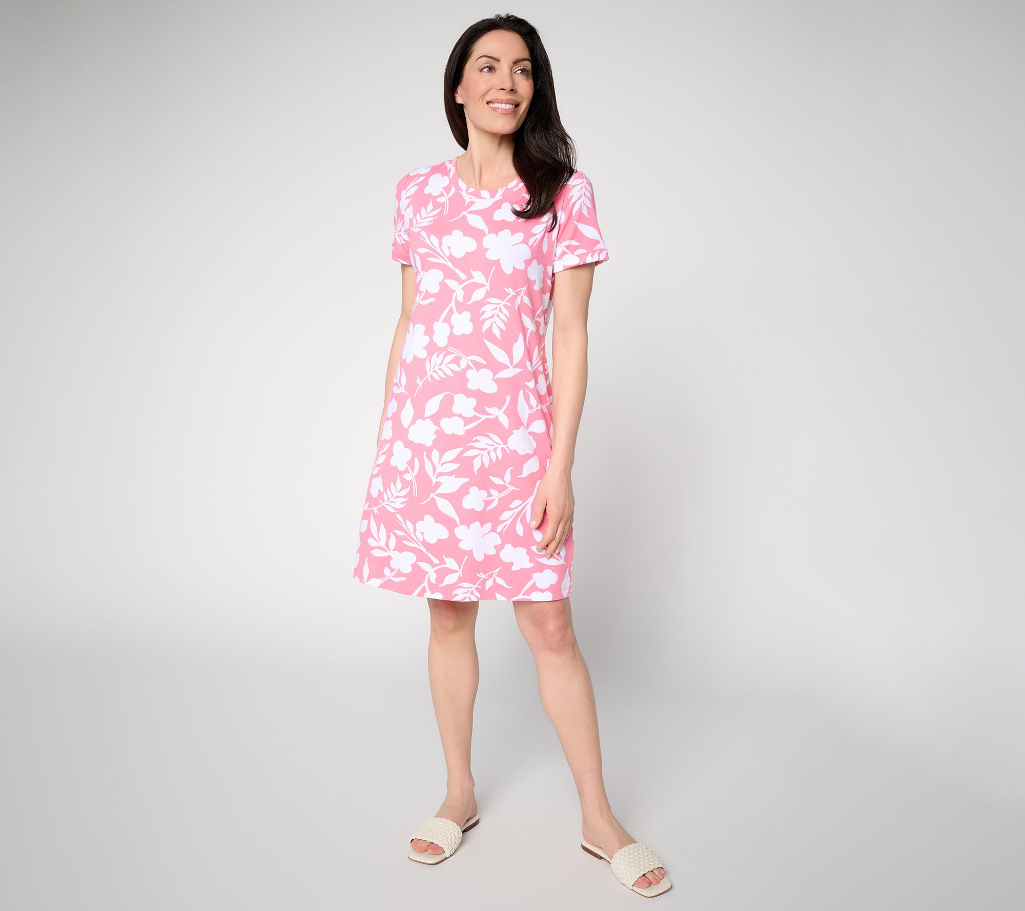Susan Graver Weekend Printed Comfy Cotton Short Sleeve Crew Neck Dress