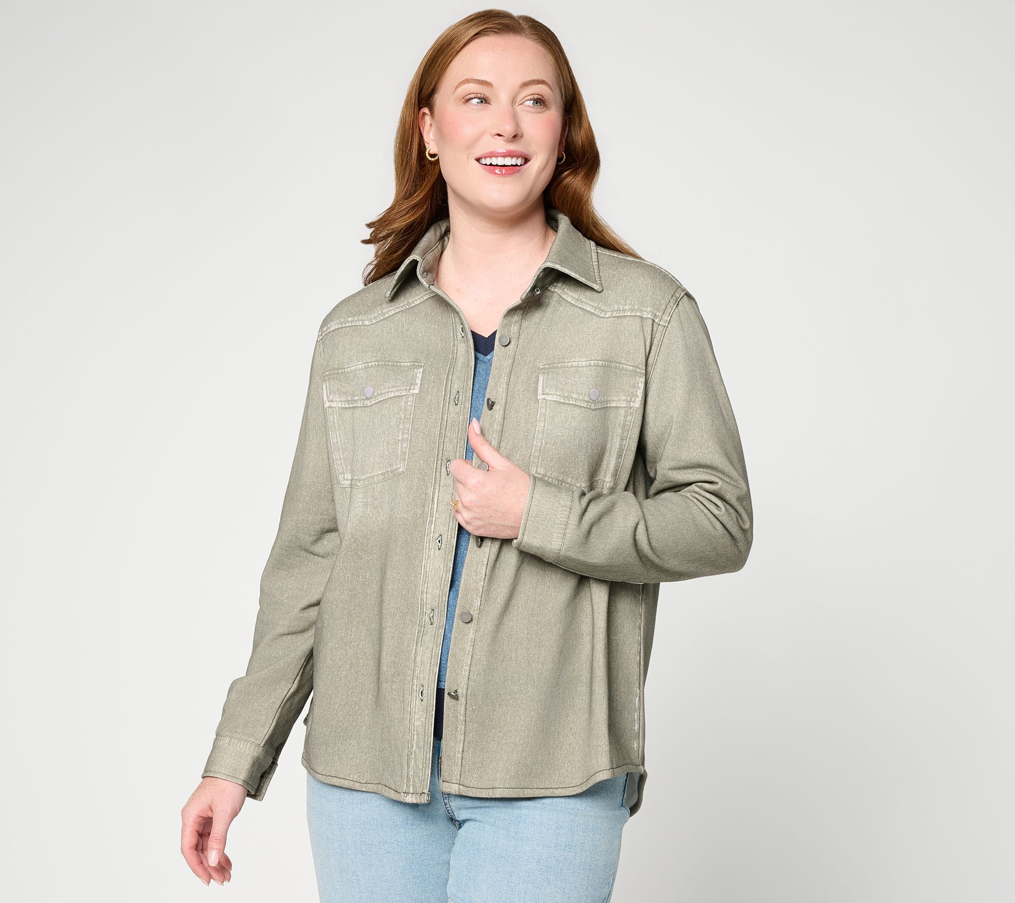 AnyBody Denim Effect Knit Buton Front Shacket