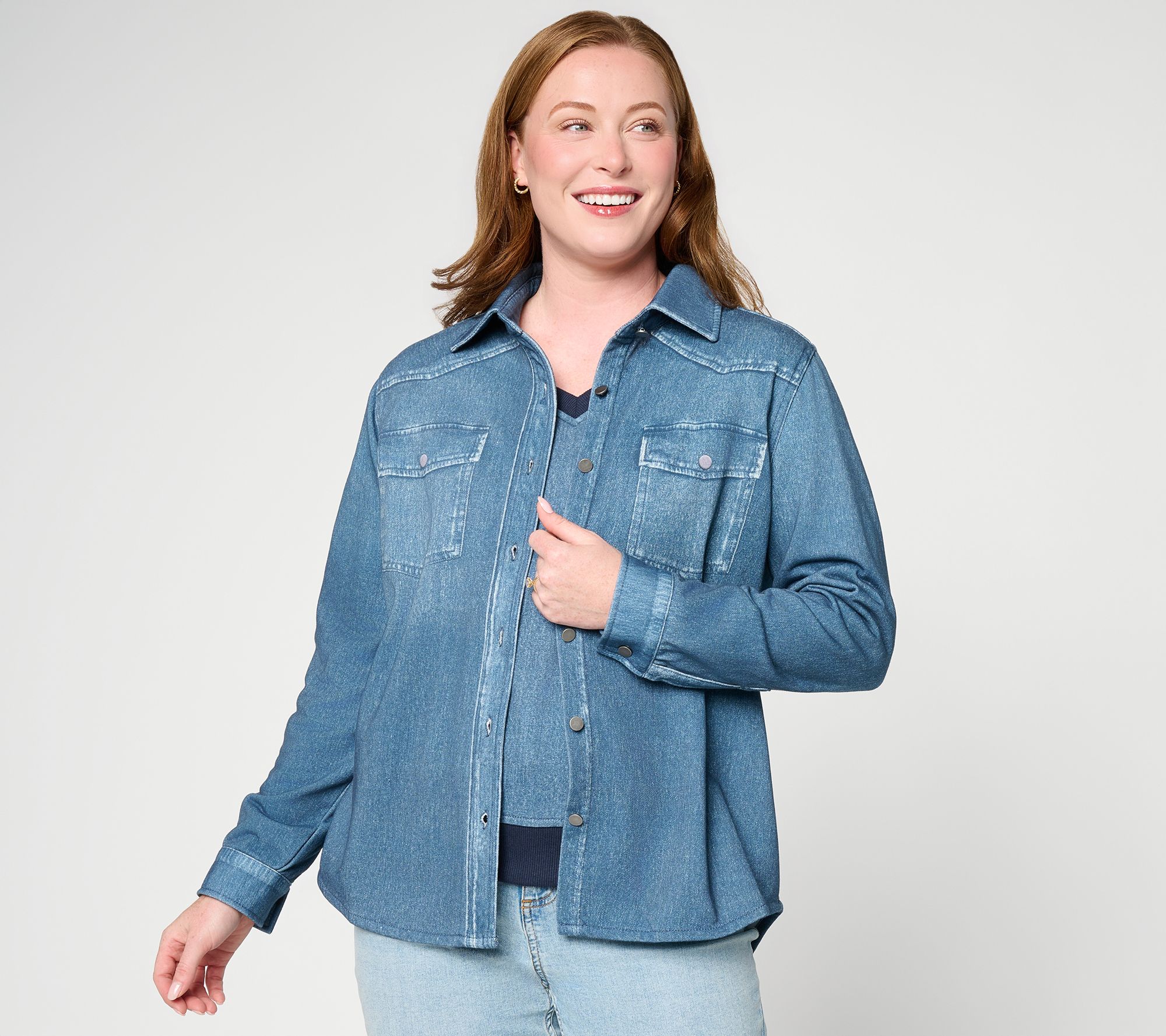 AnyBody Denim Effect Knit Buton Front Shacket