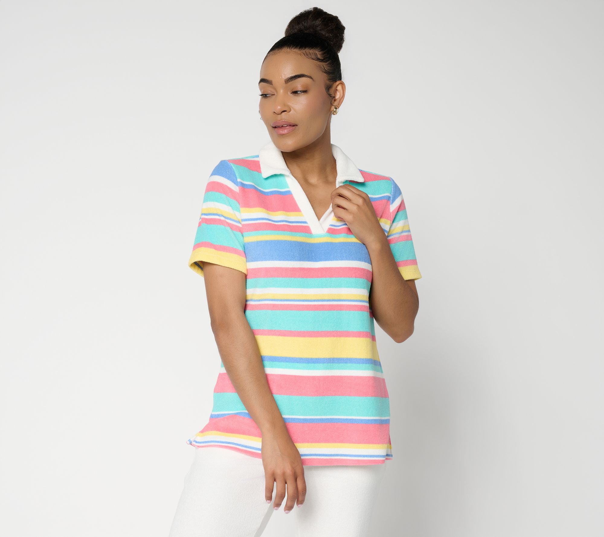 "As Is" Belle Beach by Kim Gravel Poolside Terry Cabana Stripe Polo Top