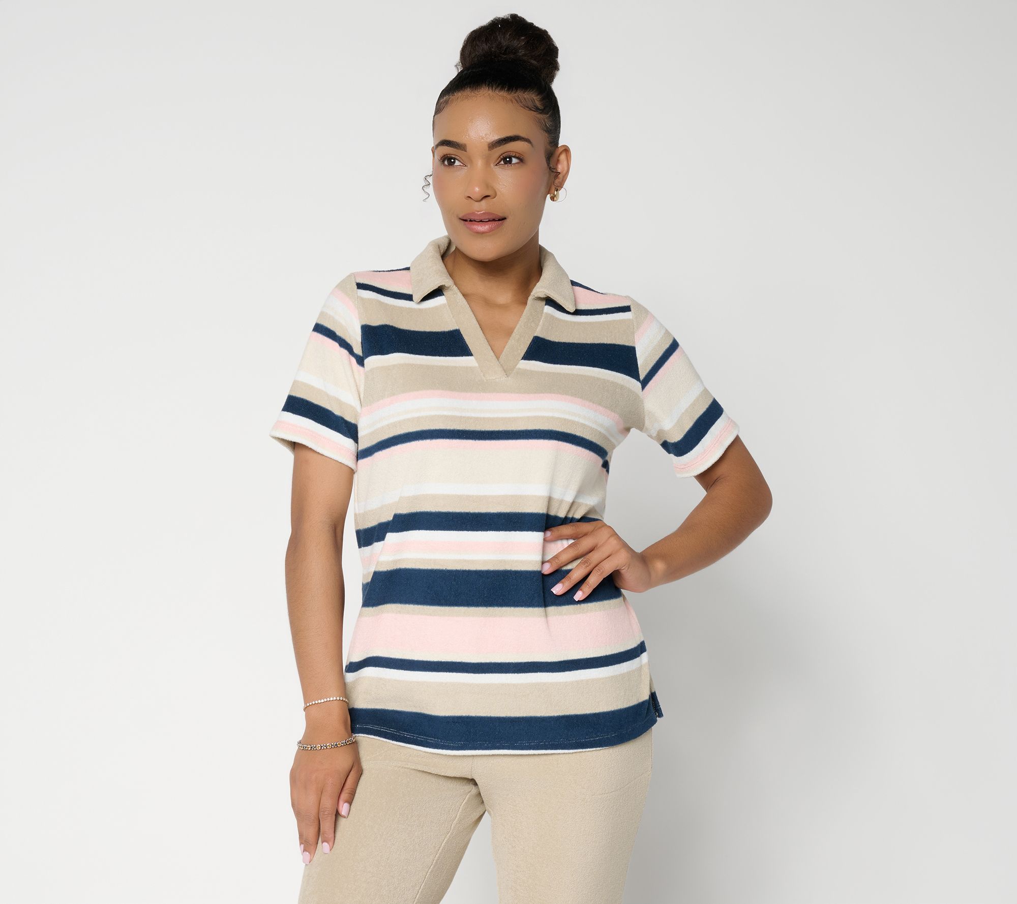 "As Is" Belle Beach by Kim Gravel Poolside Terry Cabana Stripe Polo Top