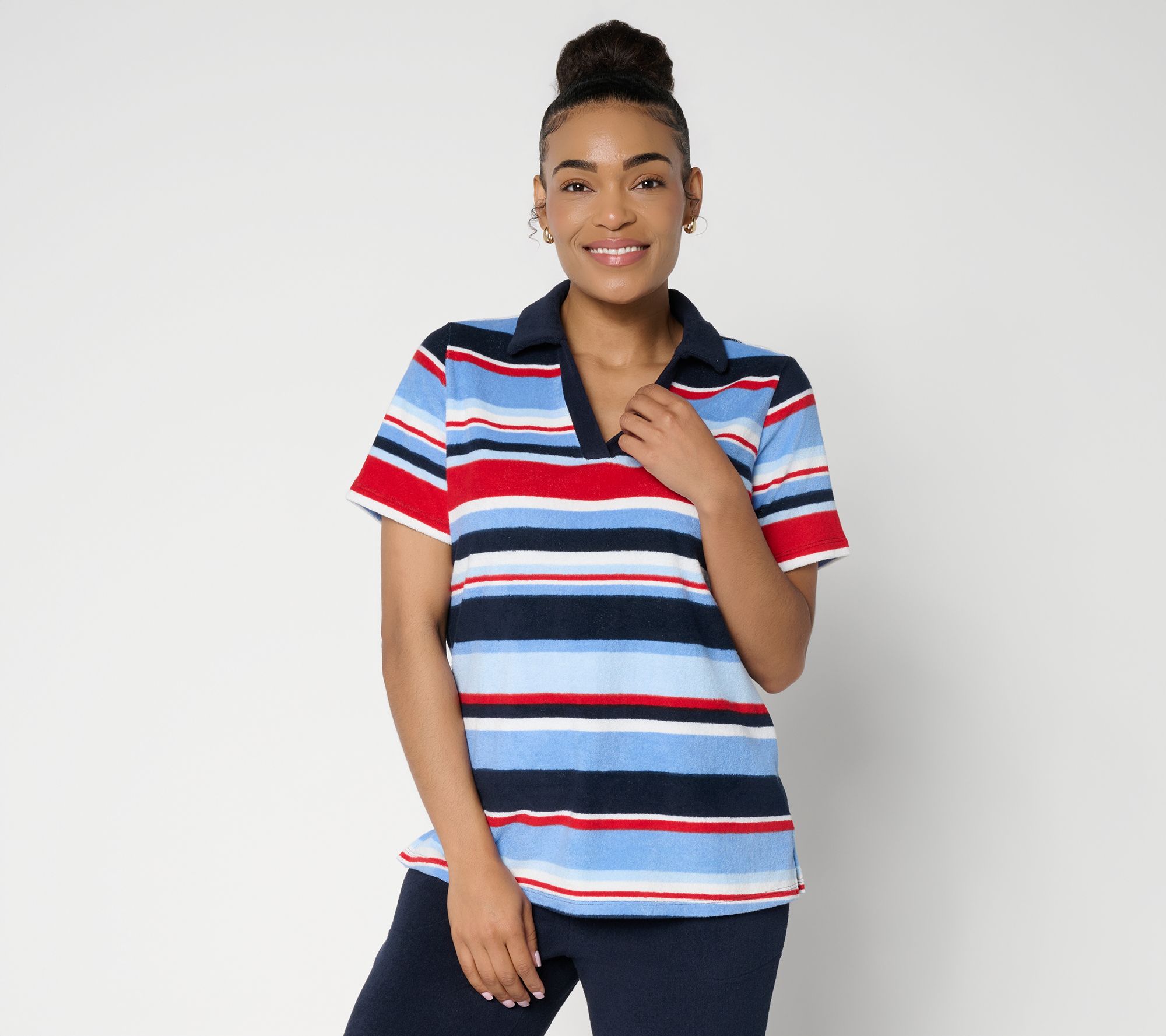 "As Is" Belle Beach by Kim Gravel Poolside Terry Cabana Stripe Polo Top