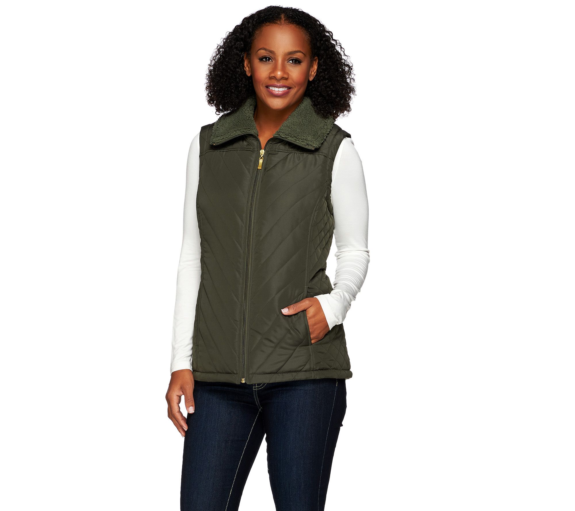 Denim & Co. Quilted Vest with Faux Sherpa Lining - QVC.com