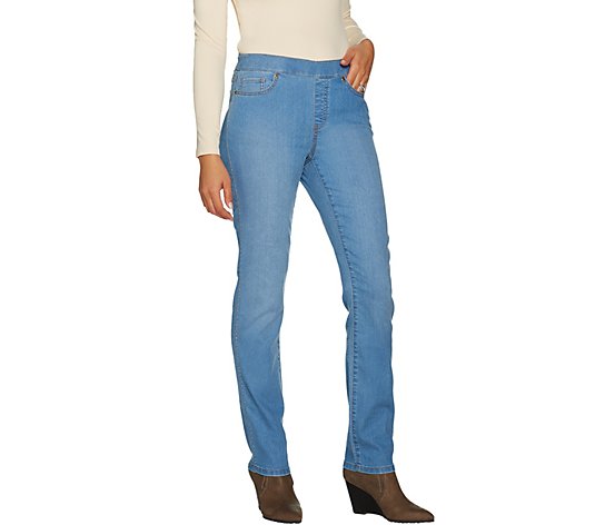Susan Graver Petite Stretch Denim Straight Leg Pull-On Jeans - QVC.com