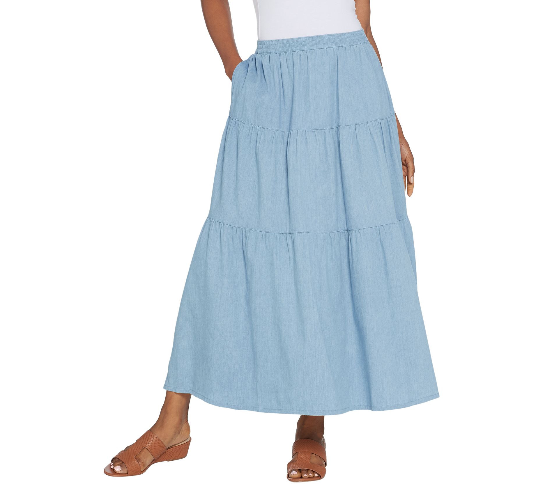 Denim & Co. Petite Stretch Chambray Tiered Pull-On Maxi Skirt - QVC.com