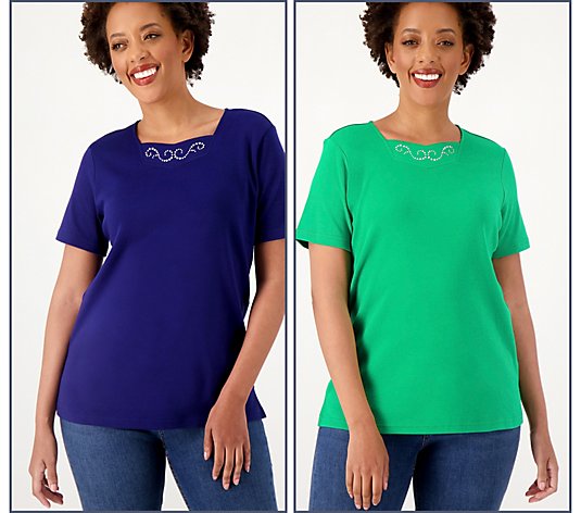 Quacker Factory Set of Two Sparkle & Shine Inset Short Sleeve Top