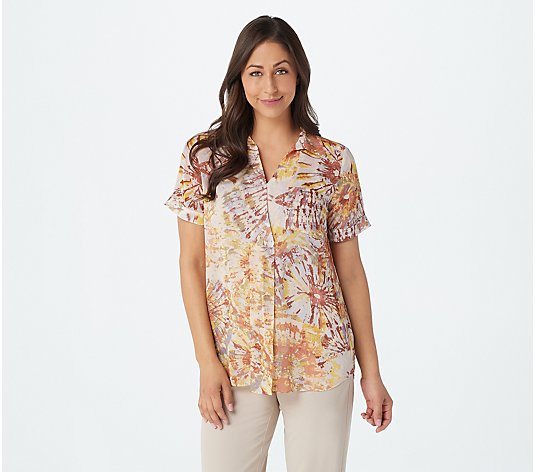 "As Is" LOGO by Lori Goldstein Printed Sheer Woven top with Front Pleat