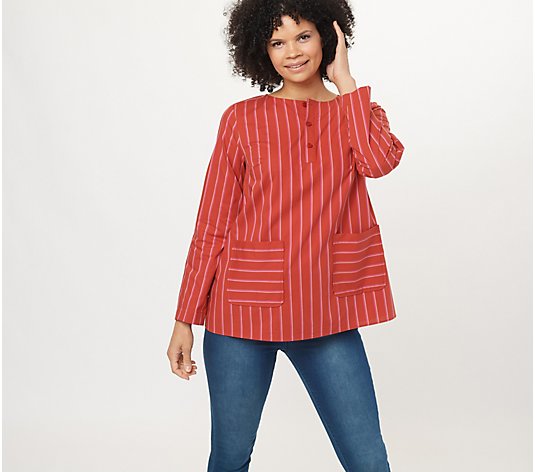 Isaac Mizrahi Live! Striped Shirt with Button Detail and Pockets