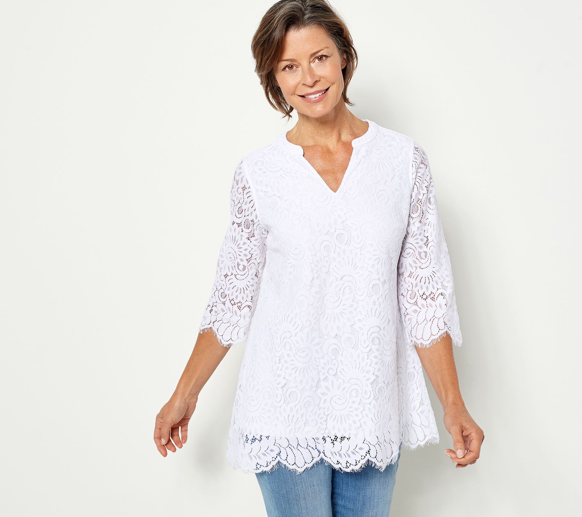 "As Is" Isaac Mizrahi Live Petite Lace Split-Neck Swing Tunic