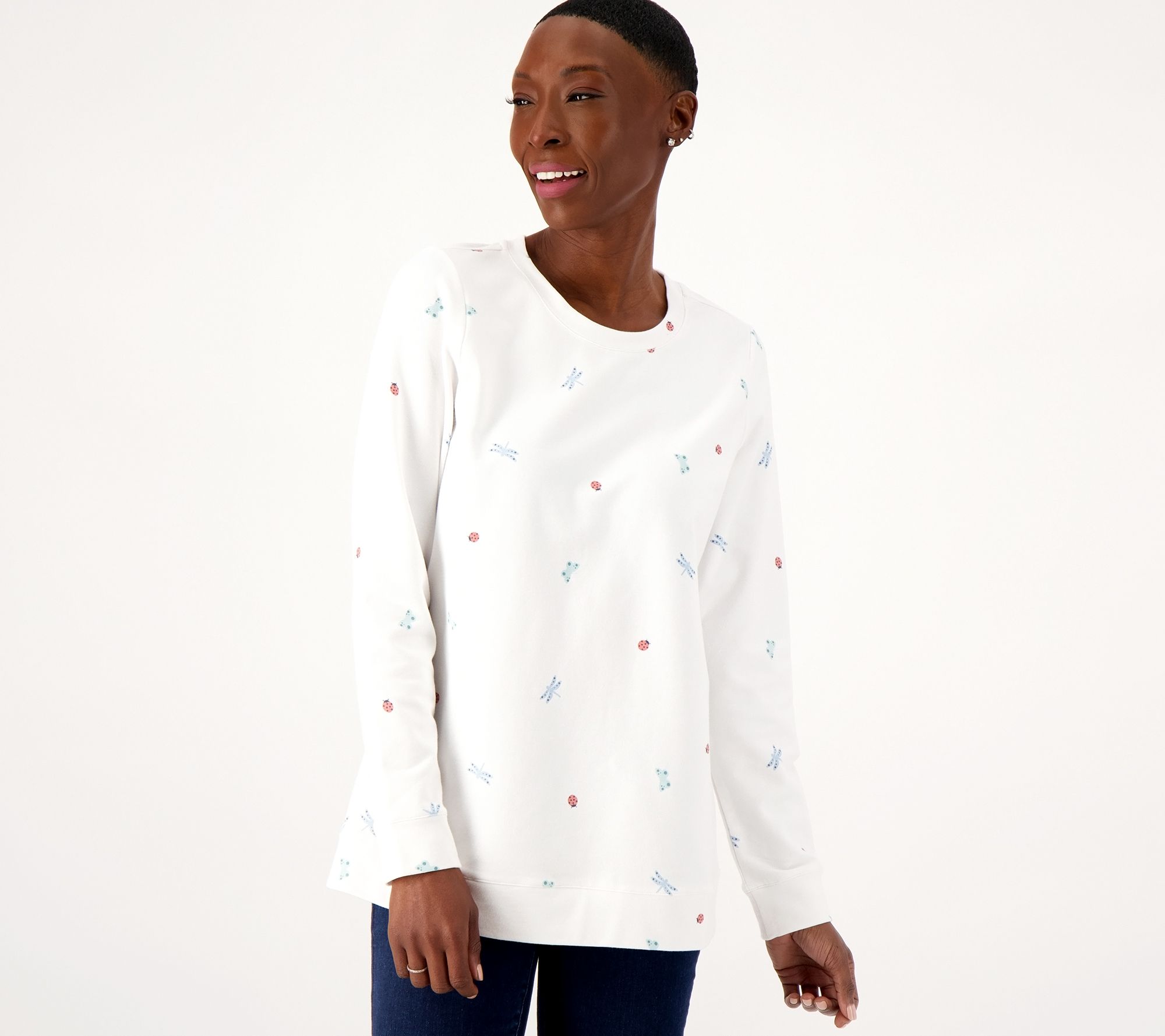 Denim & Co. Printed French Terry Round Neck Long Sleeve Pullover
