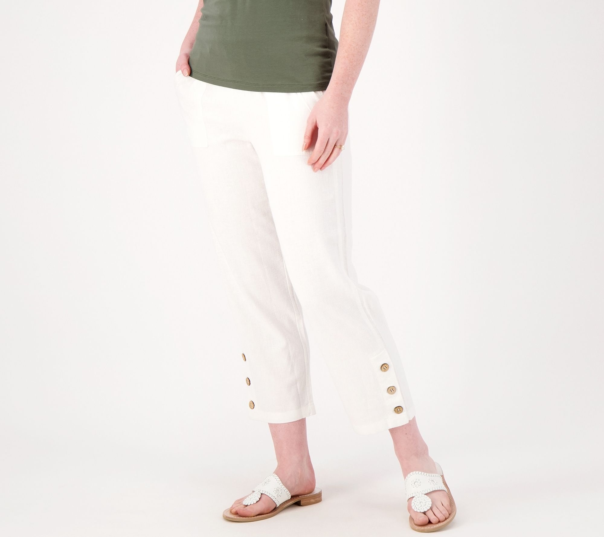 Susan Graver Pet PURE Linen Blend Pull-On Crop Pants with Button Detail
