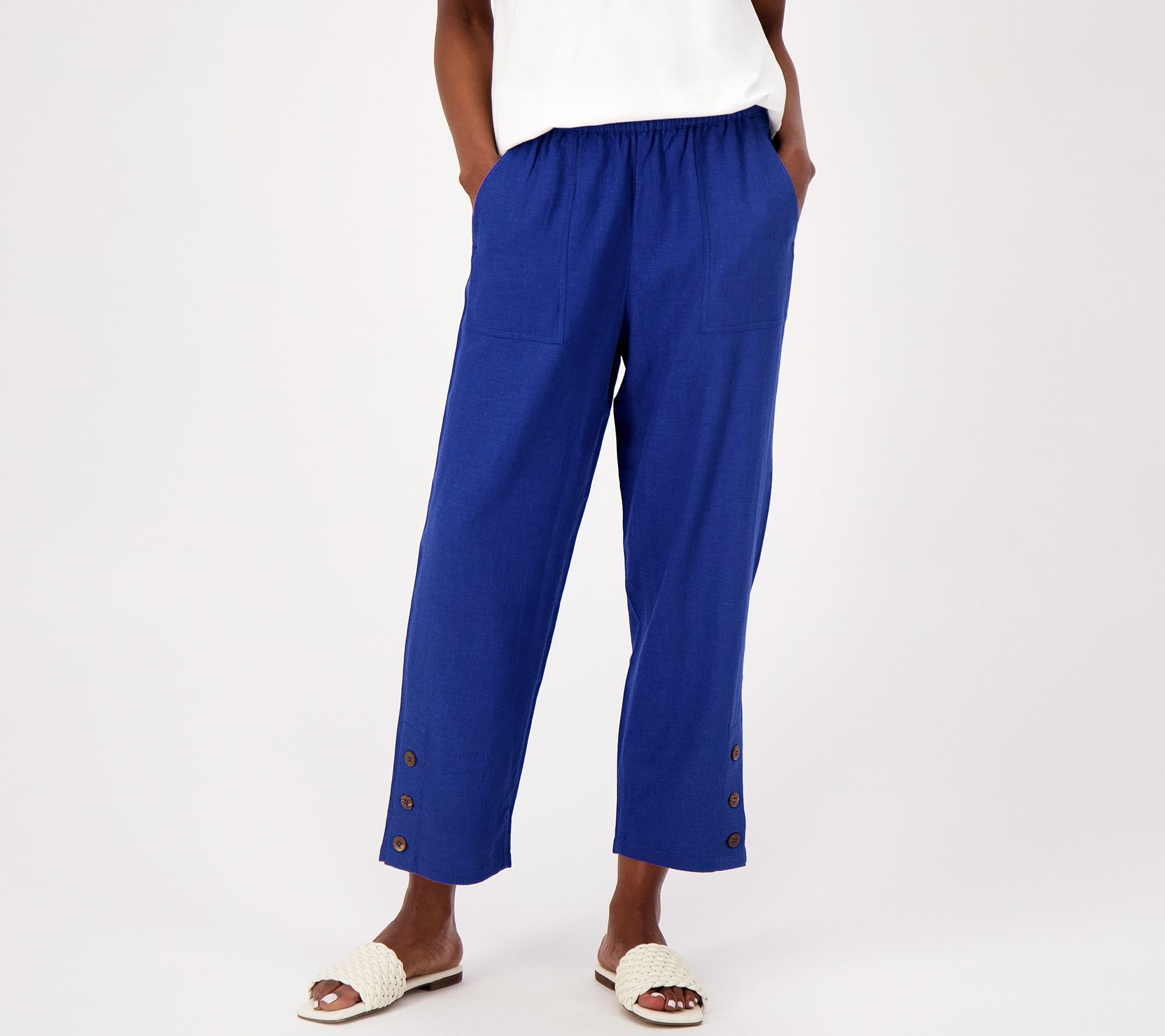 Susan Graver Pet PURE Linen Blend Pull-On Crop Pants with Button Detail