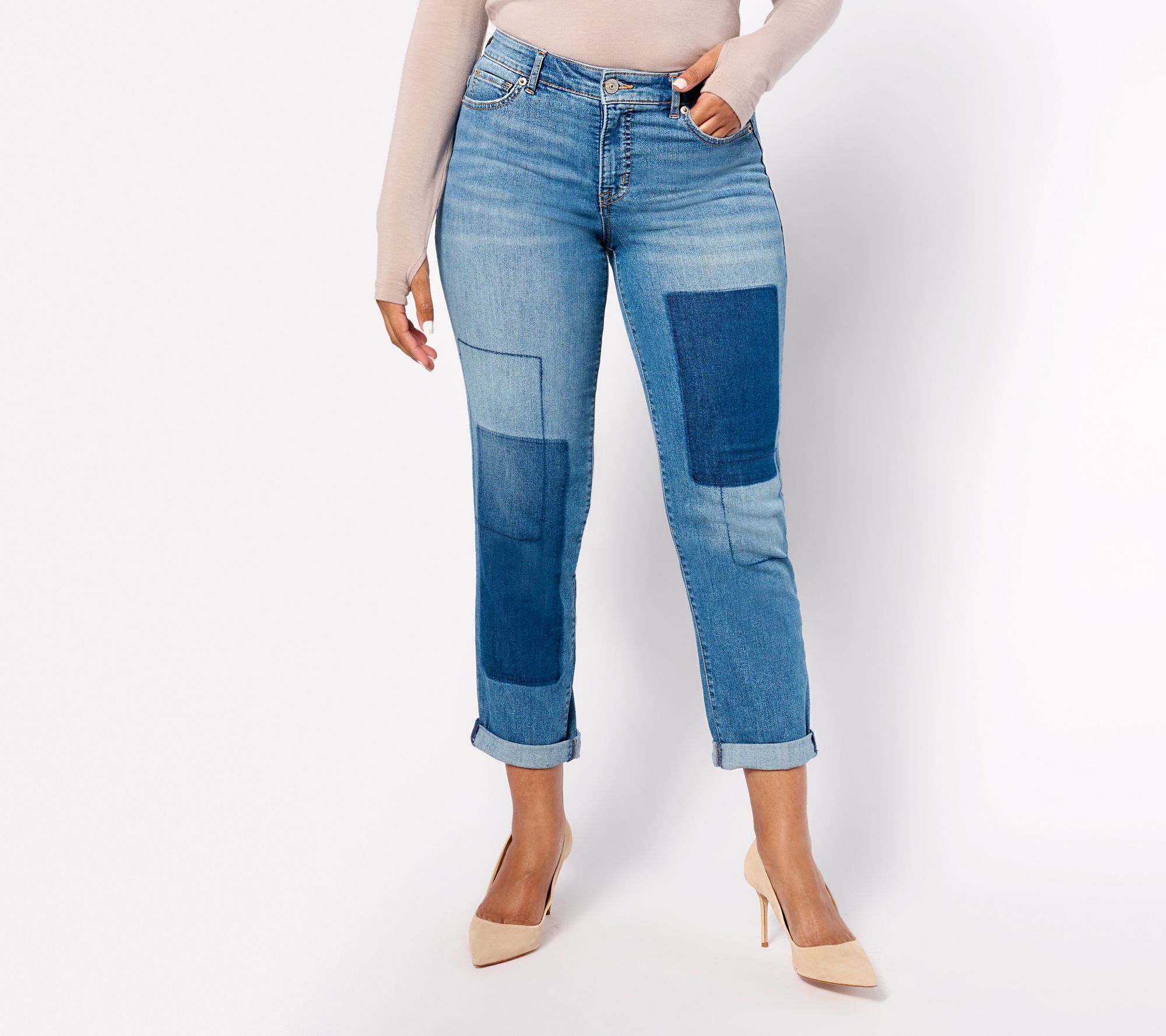 LOGO by Lori Goldstein Tall Shadow Patch Boyfriend Jeans