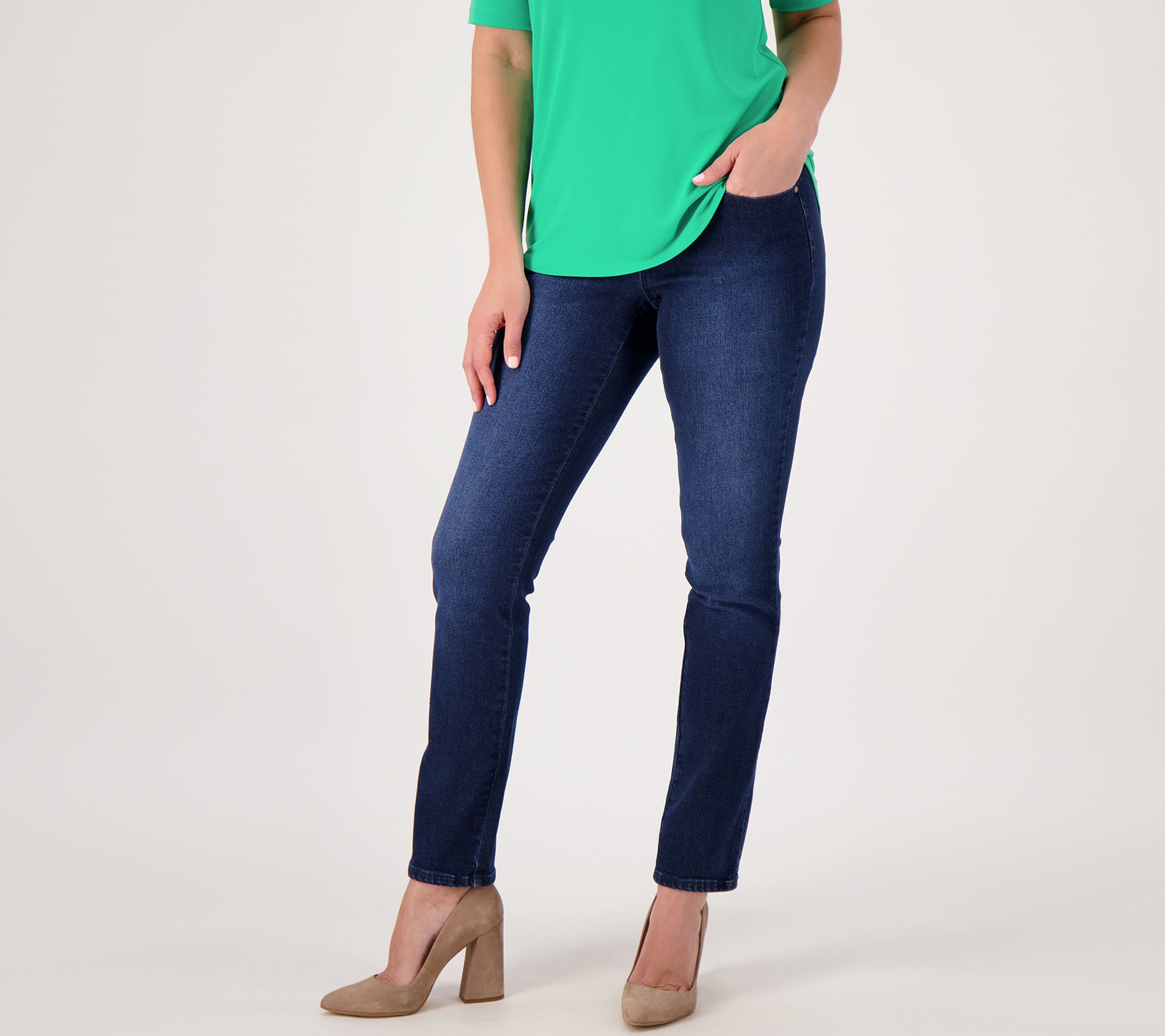 "As Is" Belle by Kim Gravel TruTemp_Denim Straight-Leg Petite Jean