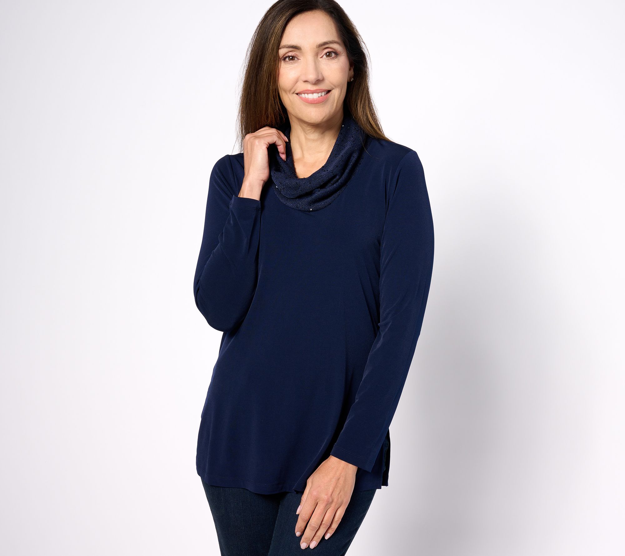 Susan Graver Regular Liquid Knit Tunic with Sequin Cowl-Neck